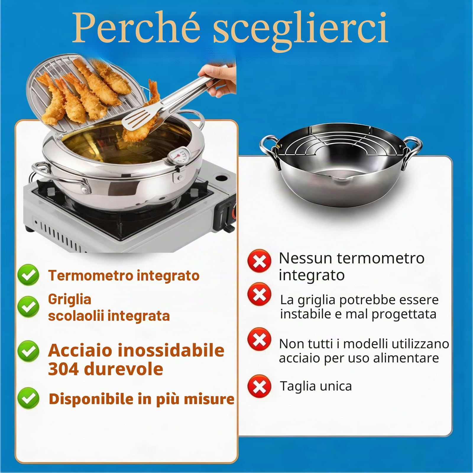 Pentola per frittura, pentola giapponese in acciaio inox con scarico dell'olio, controllo della temperatura e coperchio, friggitrice tempura per fornelli a gas/induzione, per patatine e pollo (28CM)