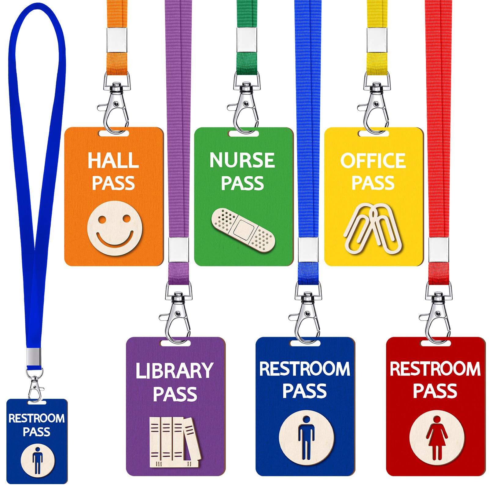 Chiisong 6 Sets Hall Pass Lanyards and School Passes Set Unbreakable Wooden Bathroom Passes for Classrooms Hall, Restroom, Library, Office and Nurse School Teacher Supplies Gift(Classic,Bright)