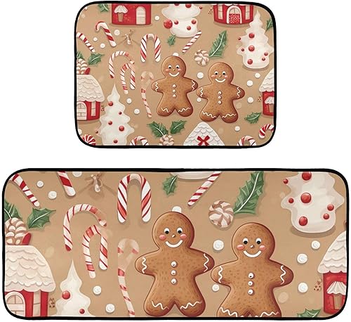 Juego de 2 tapetes de cocina de pan de jengibre de Navidad, tapete de cocina antideslizante para piso, alfombra impermeable para el hogar, oficina,