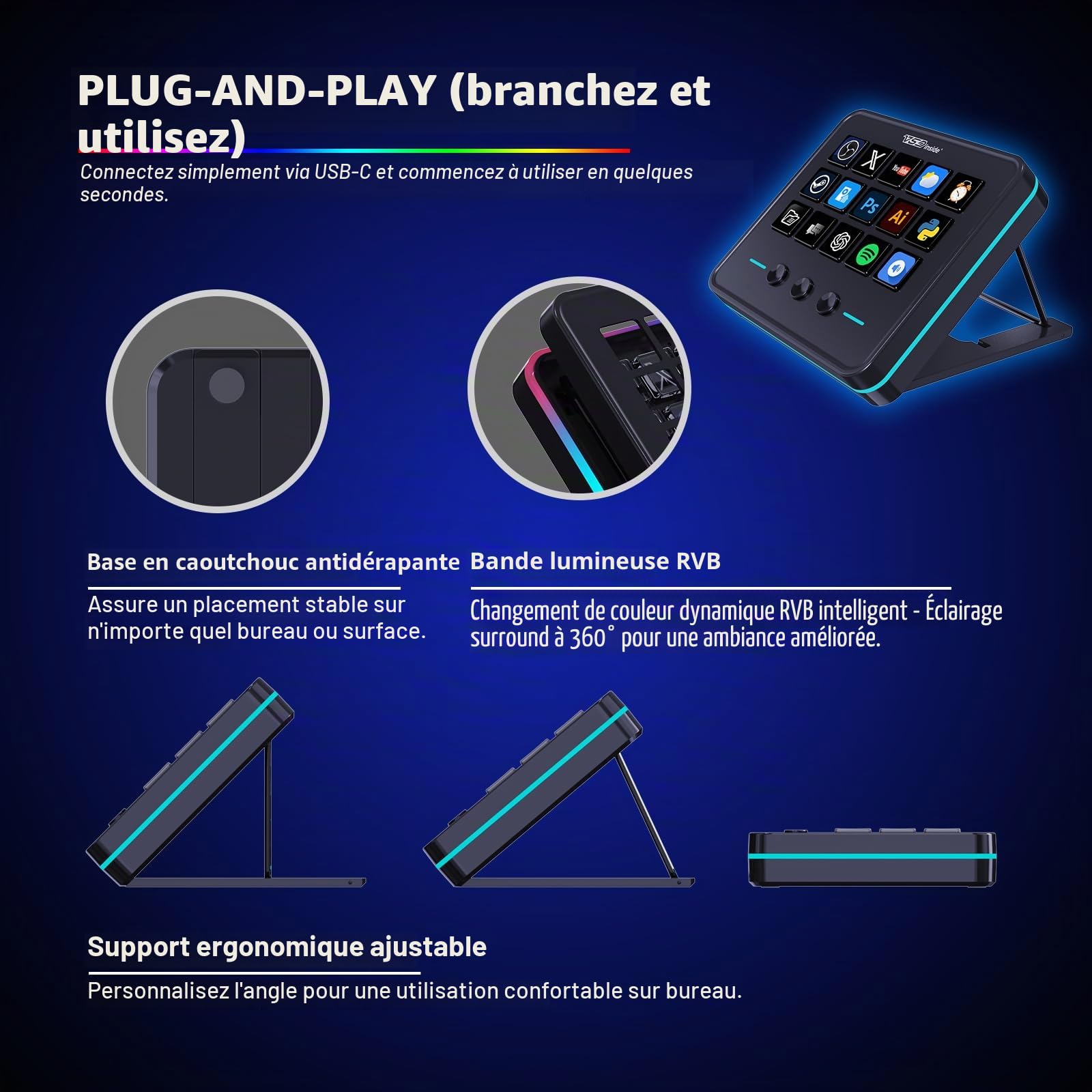 Clavier Numérique, Contrôleur de Flux 18 touches programmables, Pad Visuel AI USB pour OBS, YouTube, Bureau, Ordinateur