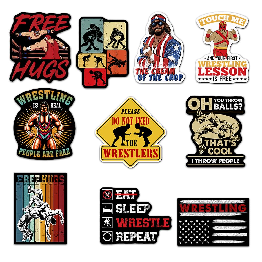 (Set of 10) Wrestling Vinyl Sticker Free Hugs, Eat Sleep Wrestle Repeat, The Cream of The Crop, Multiple Different Design, Suitable for Windows,