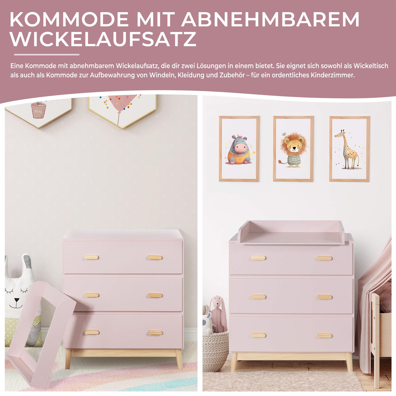 Rebecca Mobili Wickelkommode mit Wickeltisch, Baby Wickeltisch, Rosa Braun, Kiefern MDF, Platzsparend, mit Abnehmbarem Wickeltisch - Maße HxBxT: 100 x 80 x 42 cm - Art. RE6984