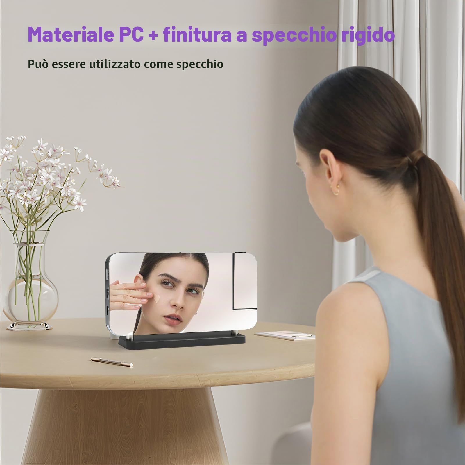 Euakee Sveglia Digitale, Sveglia con Proiezione, Orologio a Specchio LED da 7,4”, Luce Notturna a 10 Colori, Proiettore Ruotabile di 180°, Caricatore USB-C per Bambini Cameretta (Nero)