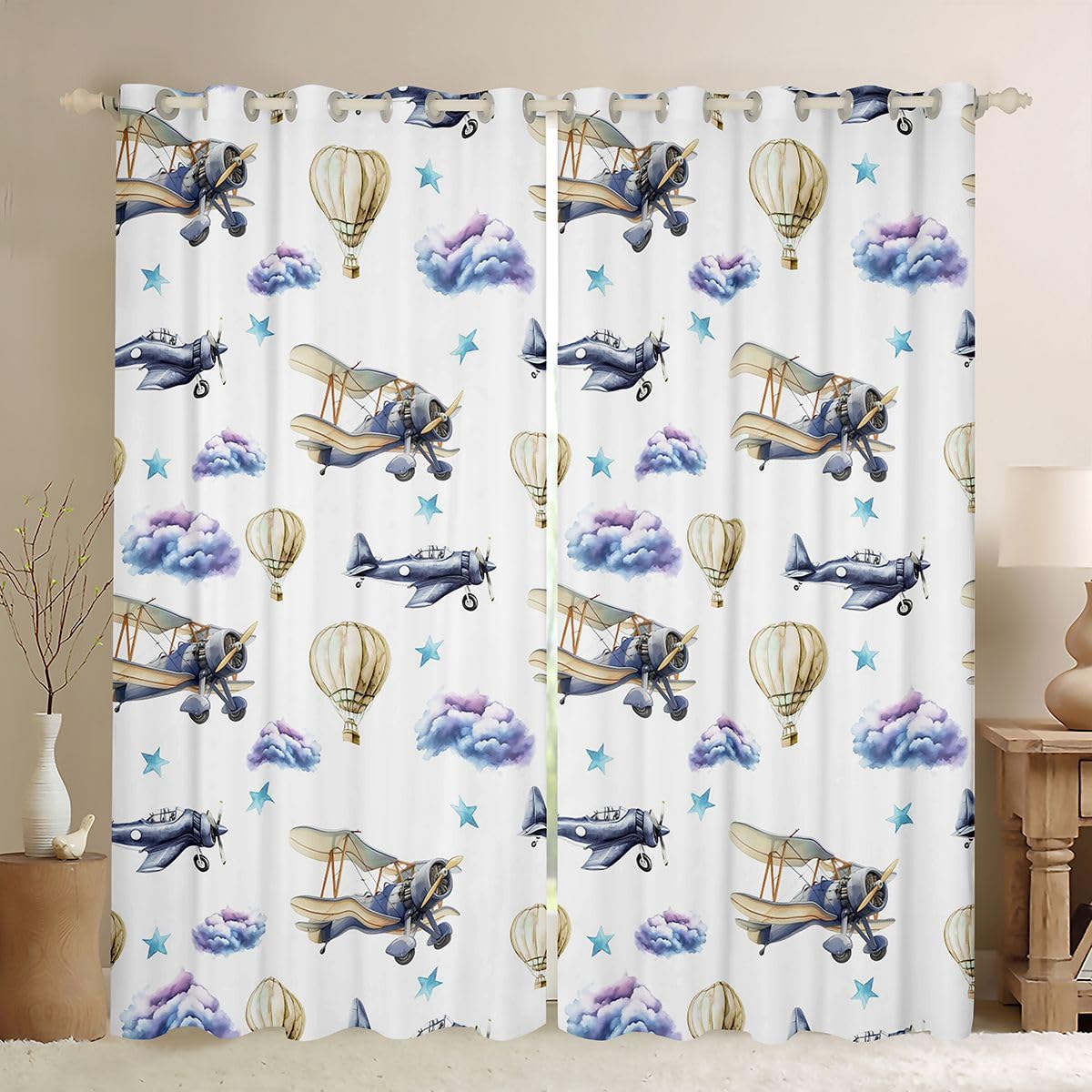 Homewish Tende per finestre a forma di aeroplano, 168 x 228 cm, set di 2 pannelli, tende oscuranti con mongolfiera, nuvole, stelle, combattimento, aeromobili, tende ad acquerello disegnate a mano per