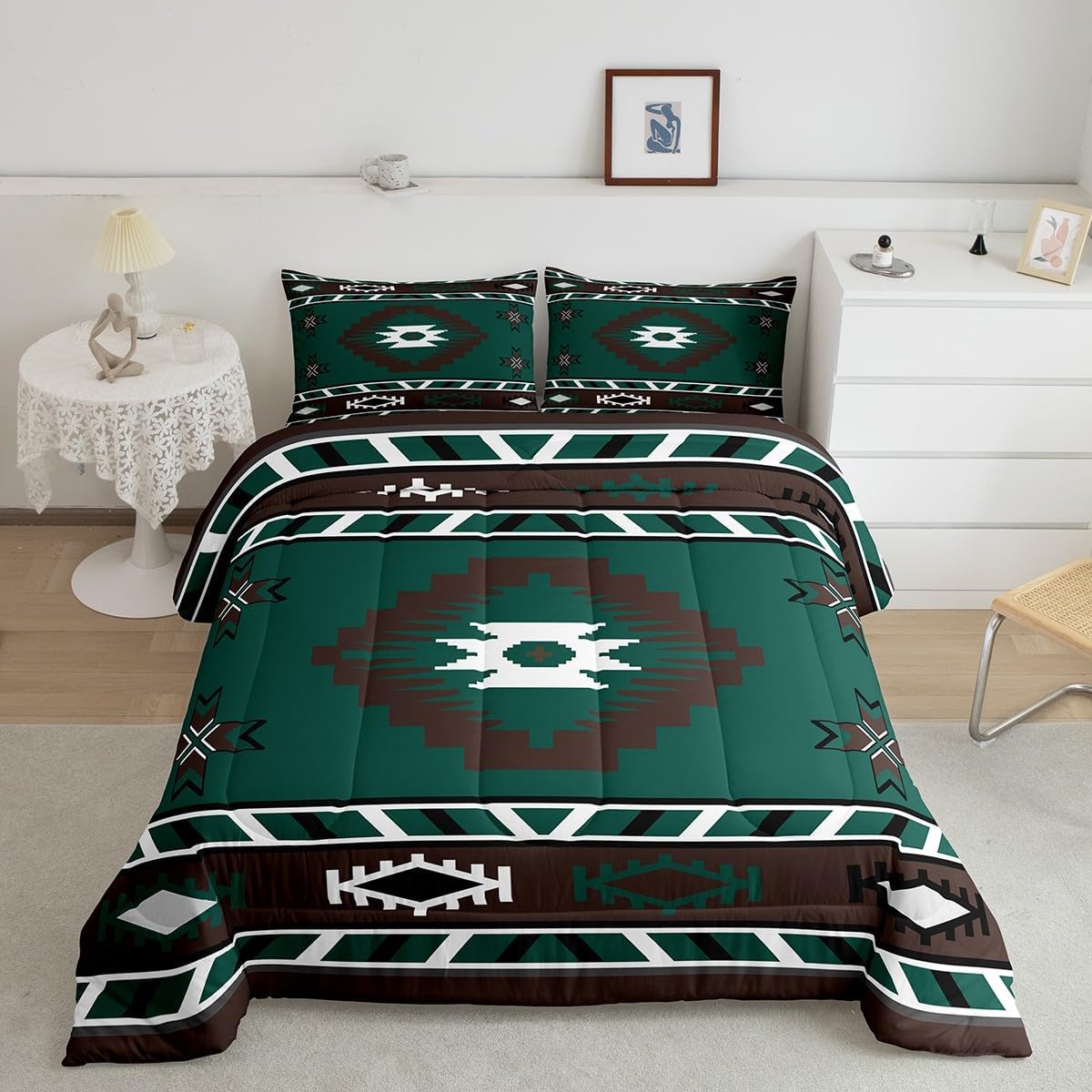 Erosebridal Rustic Western Bedding Set Queen Size Vintage Tribal Comforter for Teens Exotic Ethnic Indian Quilt Bed Set Farmhouse Southwestern Room Decor Duvet Insert with 2 Pillow Cases,Jade Green - Image 3