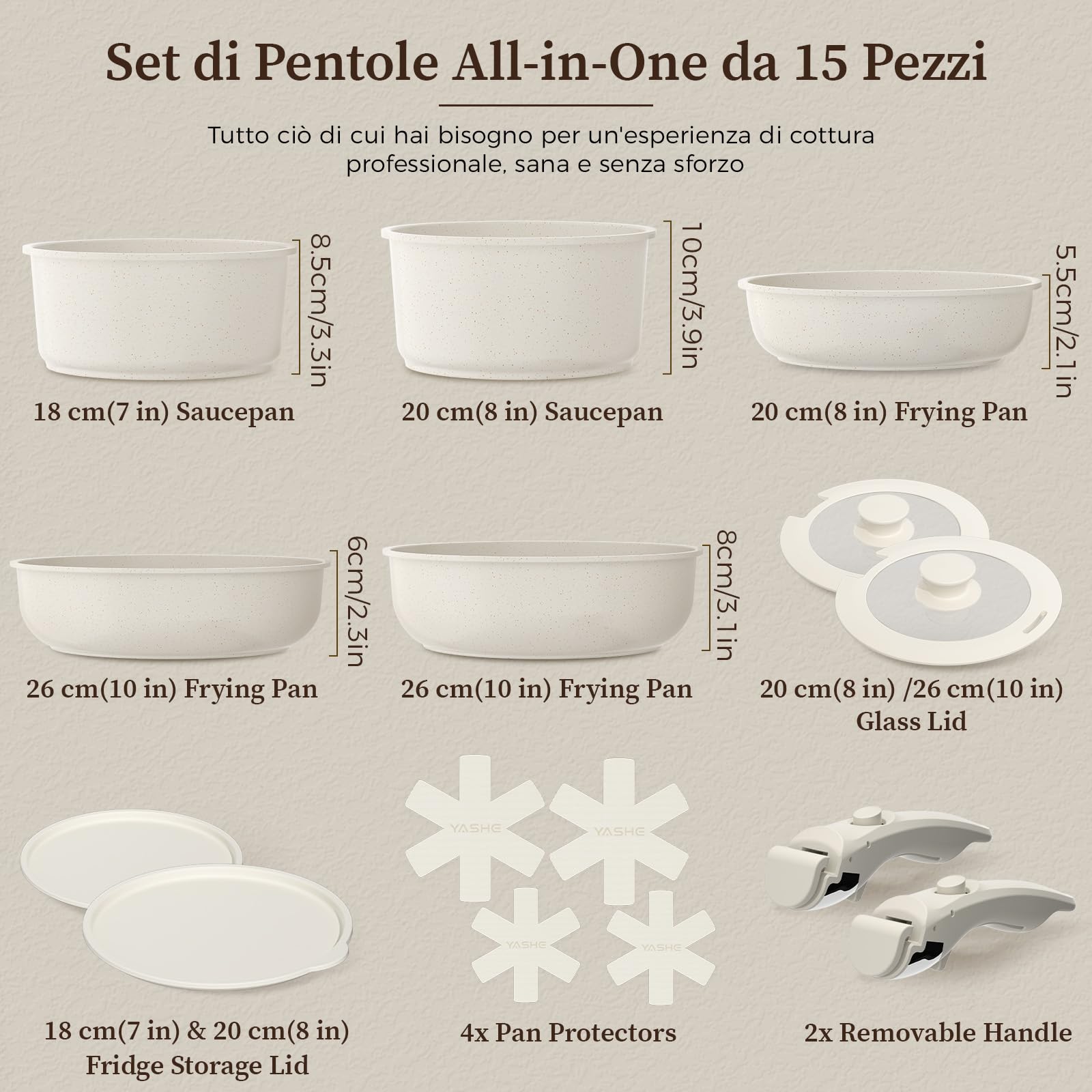 YASHE Pentole induzione 15 pezzi, atossiche, senza PTFE e PFAS | Tegame con Coperchio, Batteria da Cucina Antiaderenti in Granito, Salvaspazio Impilabile, Per Casa e Camper