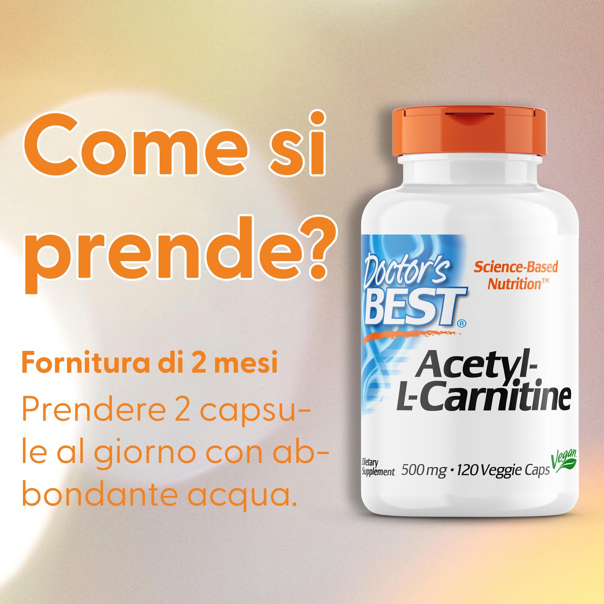 Doctor's Best, Acetyl-L-Carnitin, 500 mg, 120 Capsule vegane, Testato in Laboratorio, Senza Glutine, Senza Soia, Vegetariano, Non OGM