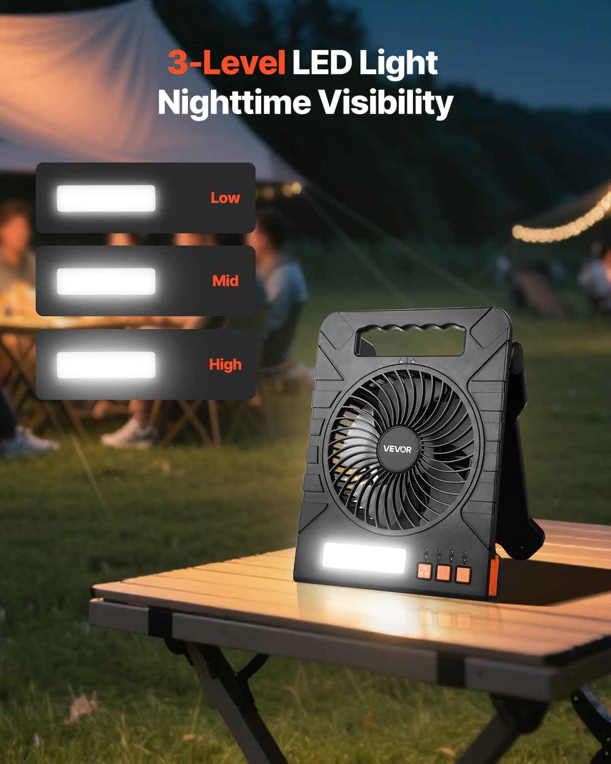 VEVOR 10000mAh Rechargeable Solar Fan with LED Lantern, 7 inch Portable Fan Cordless with 4W Foldable Solar Panel, 4-Speed& Timer& Quiet,USB Battery Powered for Camping Tent Worksite Office Desk