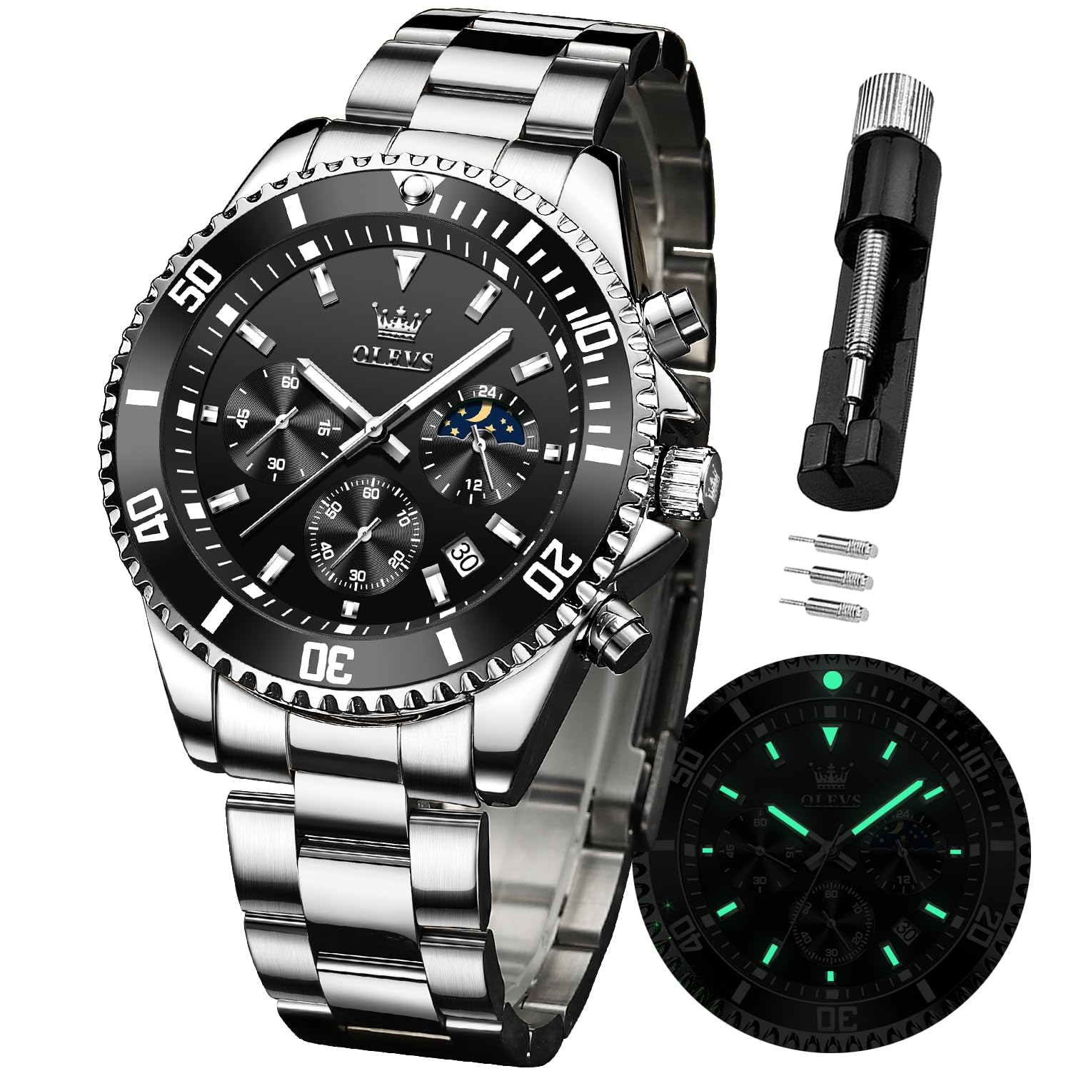 OLEVS Orologi per gli uomini Impermeabile Designer di Lusso Formale Luminoso Due Toni In Acciaio Inox Orologio Da Uomo Data Fase Lunare Cronografo Orologio Al Quarzo Regali