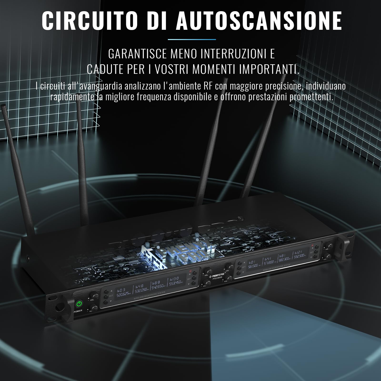 Phenyx Pro Sistema Microfono Wireless UHF a 8 canali PTU-6000-8H | Auto Scan, 8 microfoni dinamici, 8 × 40 frequenze, portata 328 ft, voce live, culto, karaoke