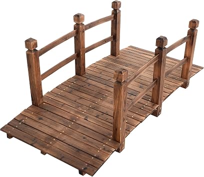 S AFSTAR Garden Bridge, 5FT Wooden Arc Footbridge for Outdoors with Safety Guardrails, Decorative Landscaping for Garden Yard Walkway Creek Farm, 400 LBS Capacity Brown