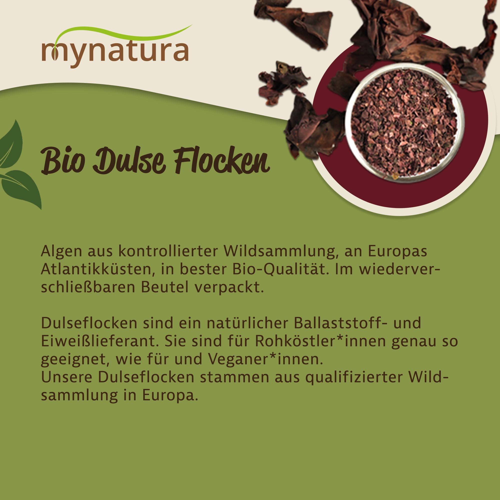 Mynatura Bio Dulse Flocken 100g I Lappentang Algen aus Wildsammlung I Rotalge getrocknet I Vegan & Rohkost I Jodreich & Proteinquelle I DE-ÖKO-044 (3 x 100g)