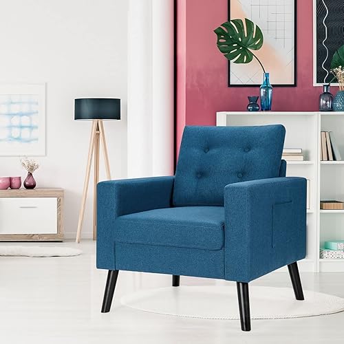 Miniatura 22 de Giantex Silla decorativa moderna, sillón tapizado de mediados de siglo con patas de madera de goma, tela de lino patentada, sofá individual para