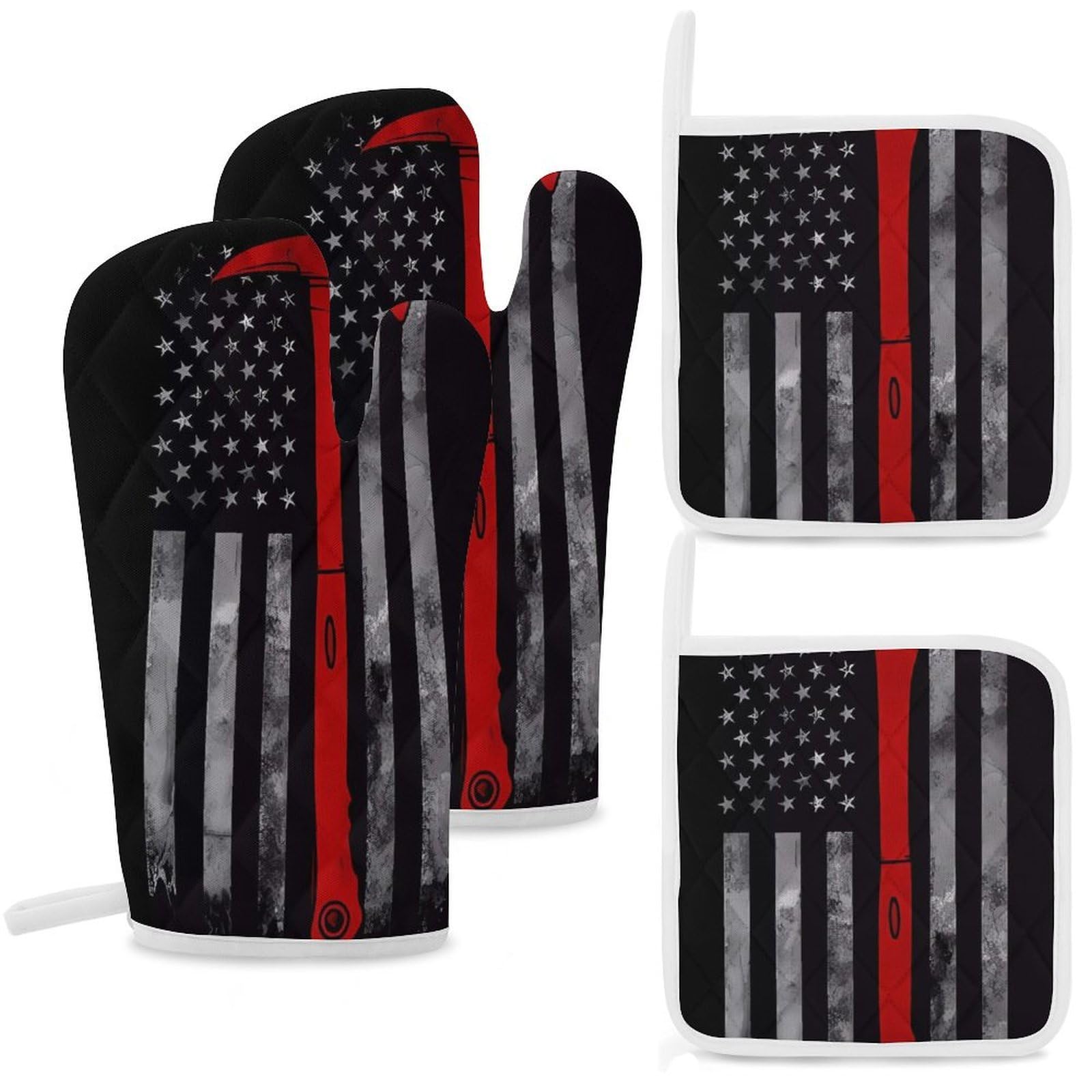 Firefighter Axe Red Line Flag Oven Mitts and Pot Holders Sets Heat Resistant Oven Glove with Hanging Loop for Baking Cooking BBQ Thicken Potholders for Kitchen