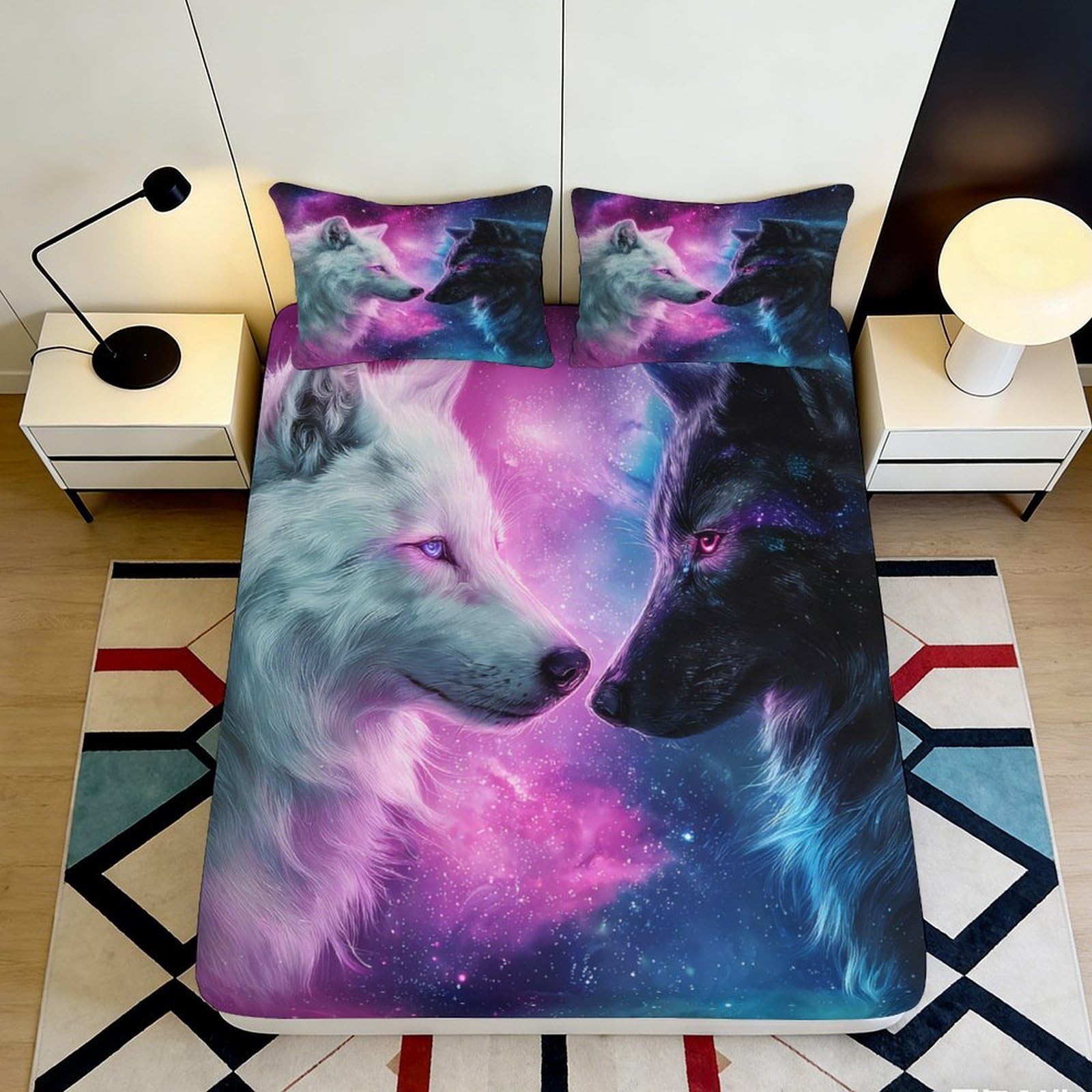 3D Printed Wolf Galaxy Fitted Sheet Microfiber Soft Breathable Cosmic Nebula Mattress Cover for Bedroom Guest Room Decor 90x200x25cm