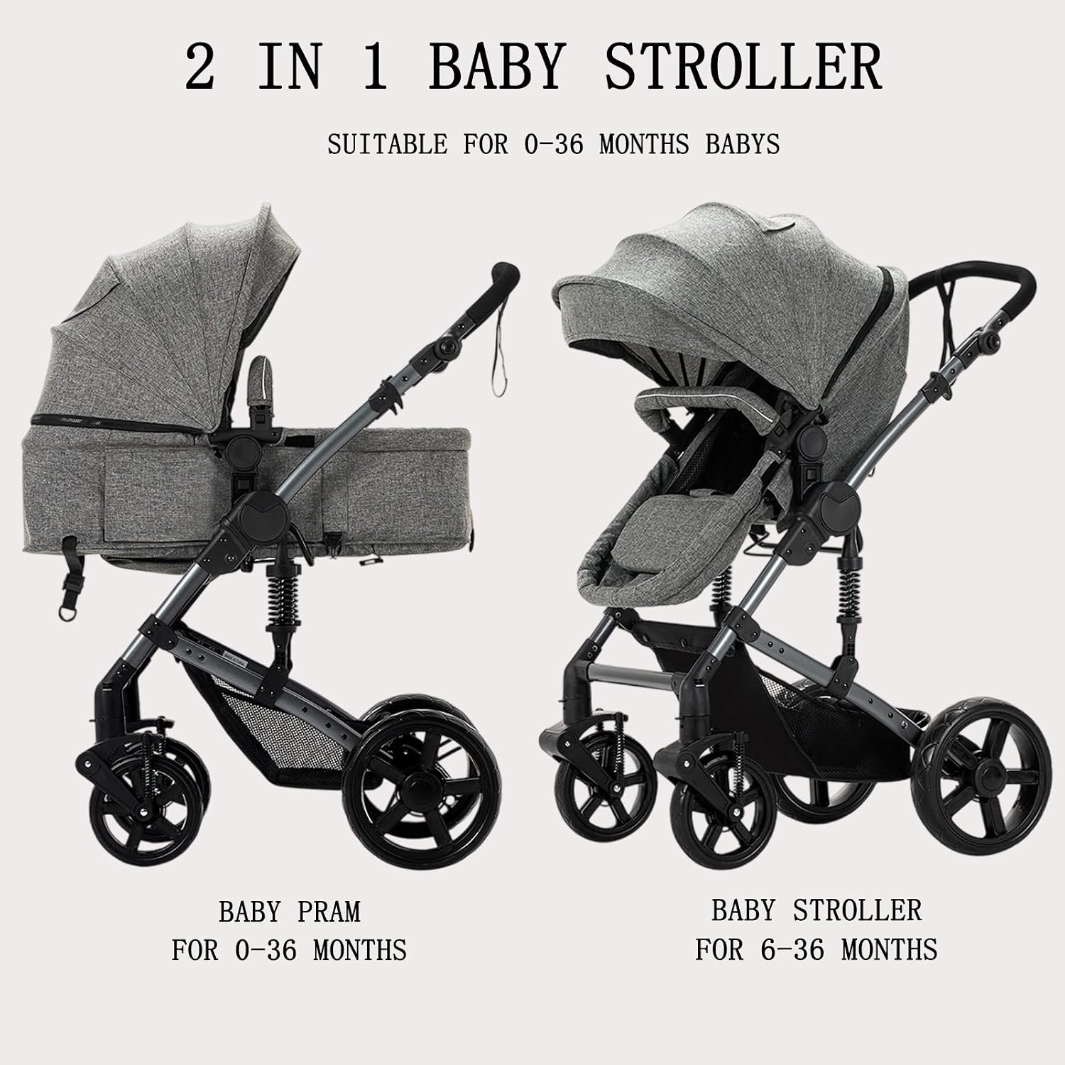Baby Stroller Baby Prams Pushchair 2 in 1, Foldable, Portable, Comfortable, for Infant Toddler Aged 0-36 Months (588-GREY)