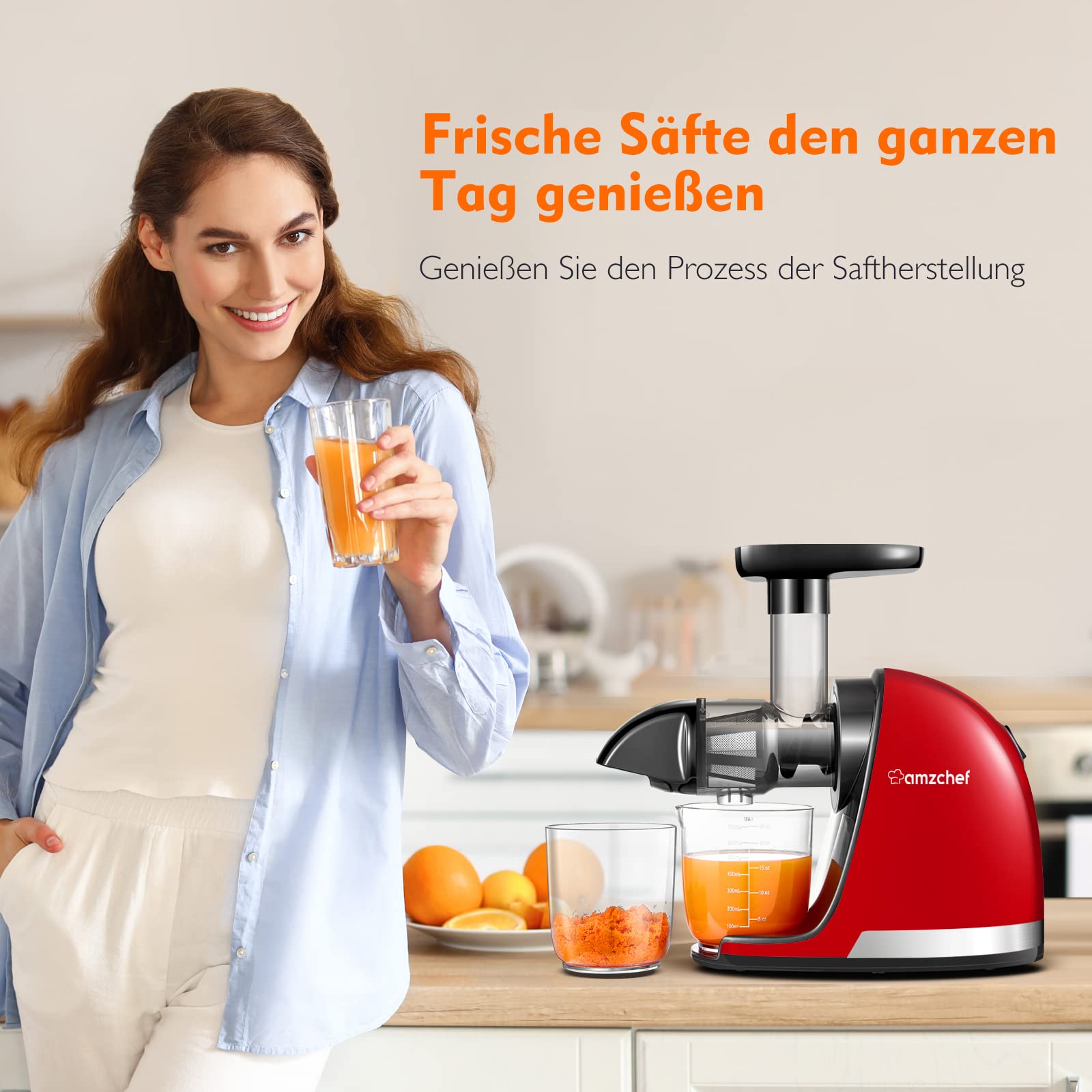 Amzchef Entsafter Gemüse und Obst Testsieger - Entsafter Slow Juicer mit Rückwärts-Kau-Funktion - Zartes Zerkleinern ohne Filtern - Saftpresse Elektrisch mit Bürste und 2 Tassen - Kirschenrot – Bild 2
