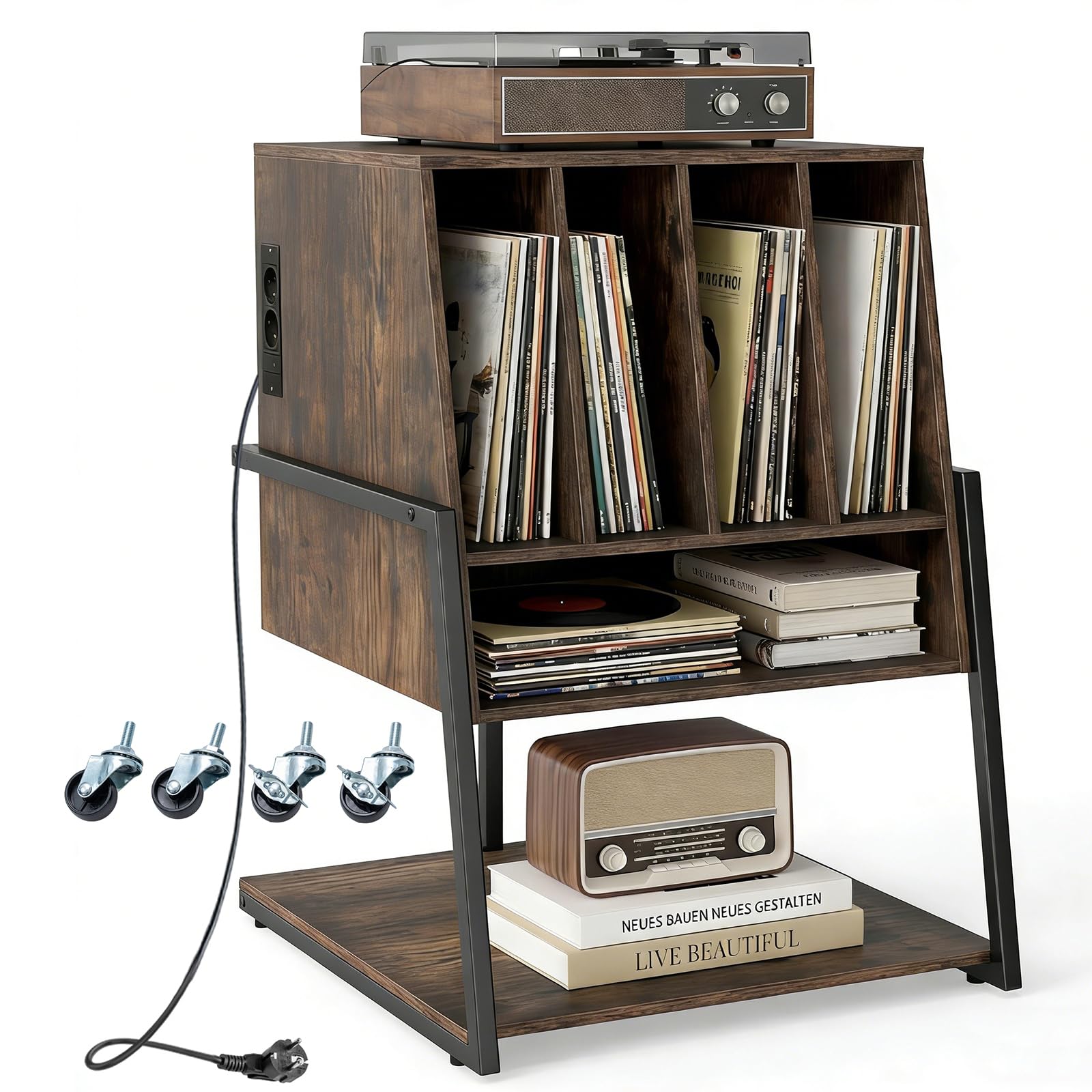 Support tourne-disque en bois marron rustique et étagères médias