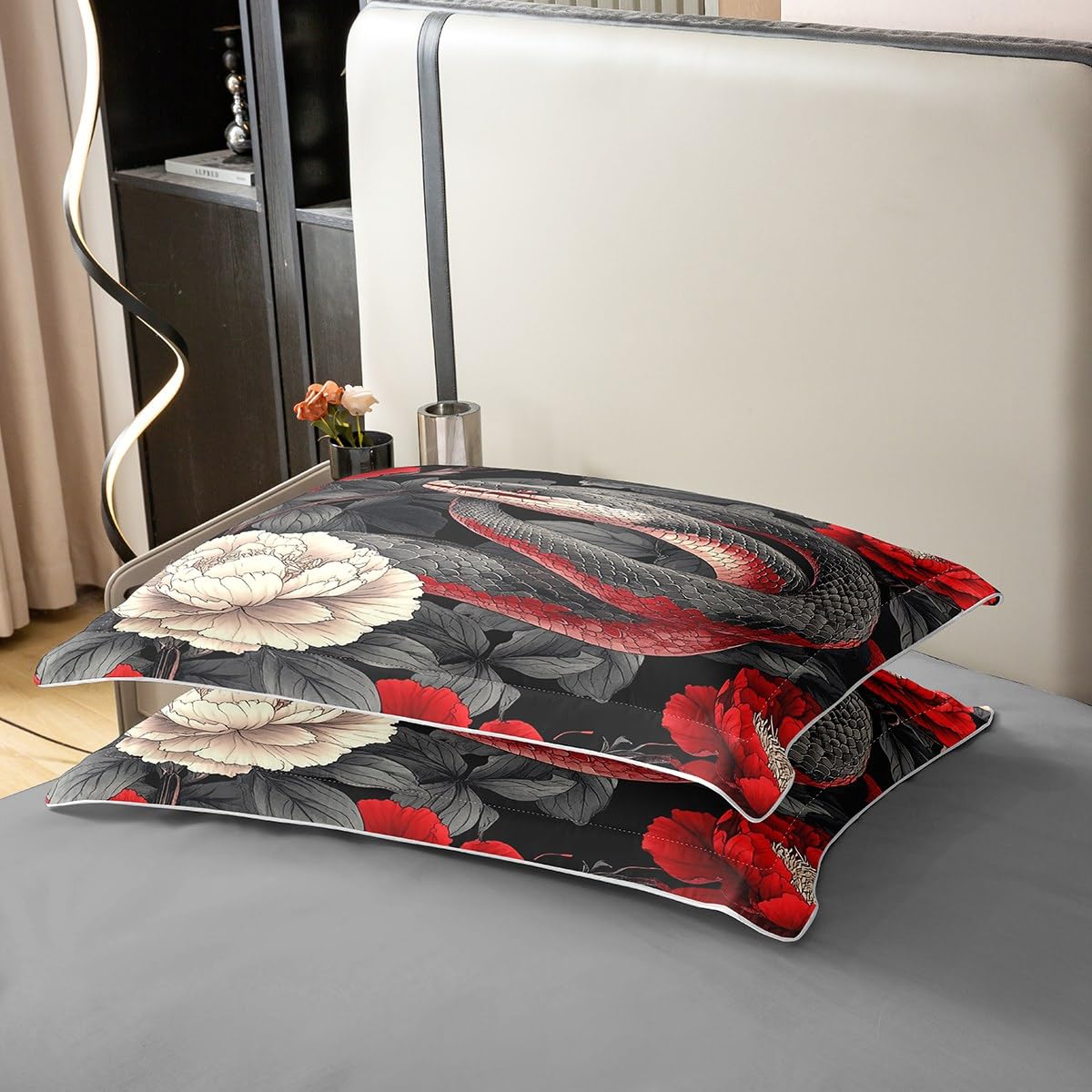 Homewish Copripiumino Giapponese 240x260 Cm – 100% Cotone, Set Con 2 Federe 65x65 Cm, Tema Ukiyo-e Gru E Onde Rosse - 5