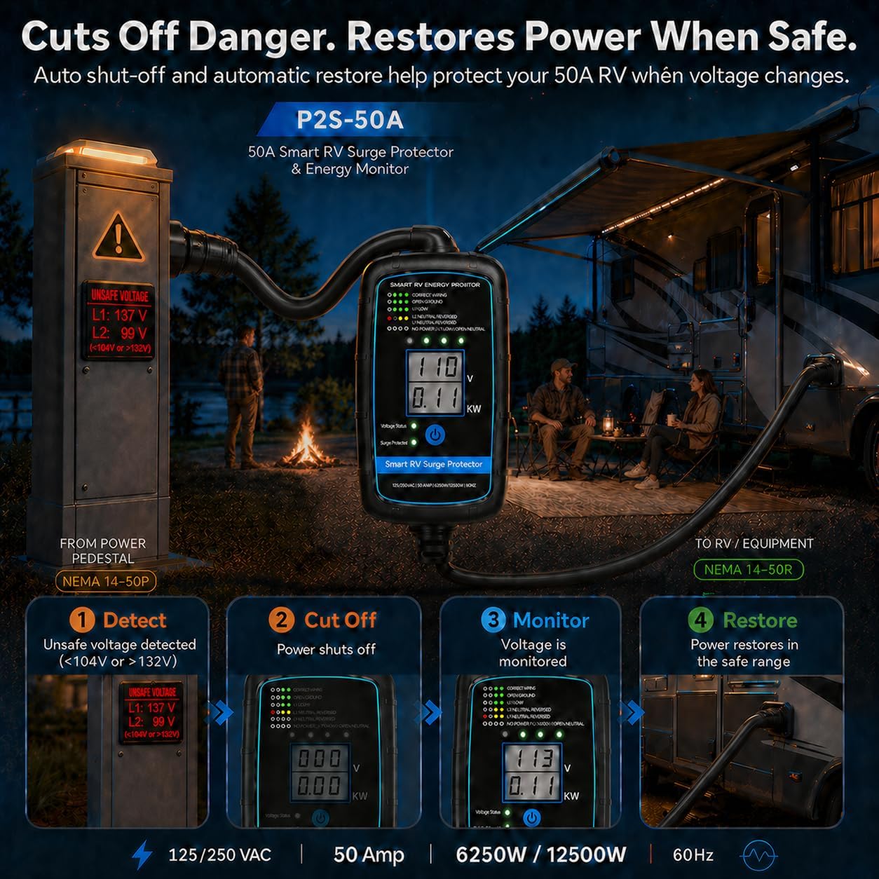 Bluetooth Smart RV Portable Surge Protector 50 Amp - Patented Bluetooth Connectivity - Monitor Voltage/Amperage/Wattage - IP65 Water-Resistant,Rv Surge Protector 50 Amp Circuit Analyzer App Control