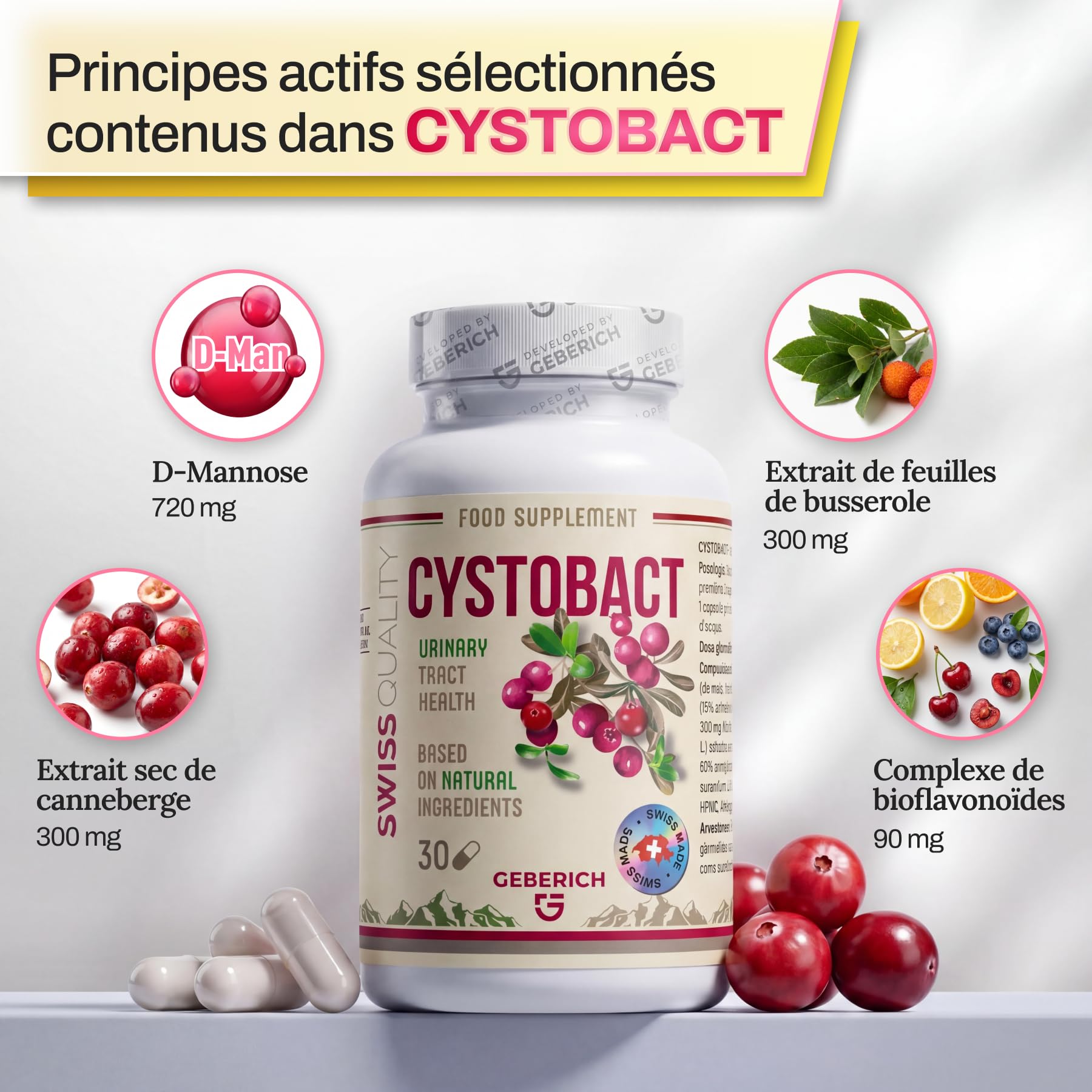 Gélules CYSTOBACT | Santé des Voies Urinaires | D-Mannose 720mg + Extrait de Canneberge 300mg | Aide à la Fonction Drainante | avec Arbutus unedo (5% Arbutine) 300mg et Bioflavonoïdes | 30 Gélules