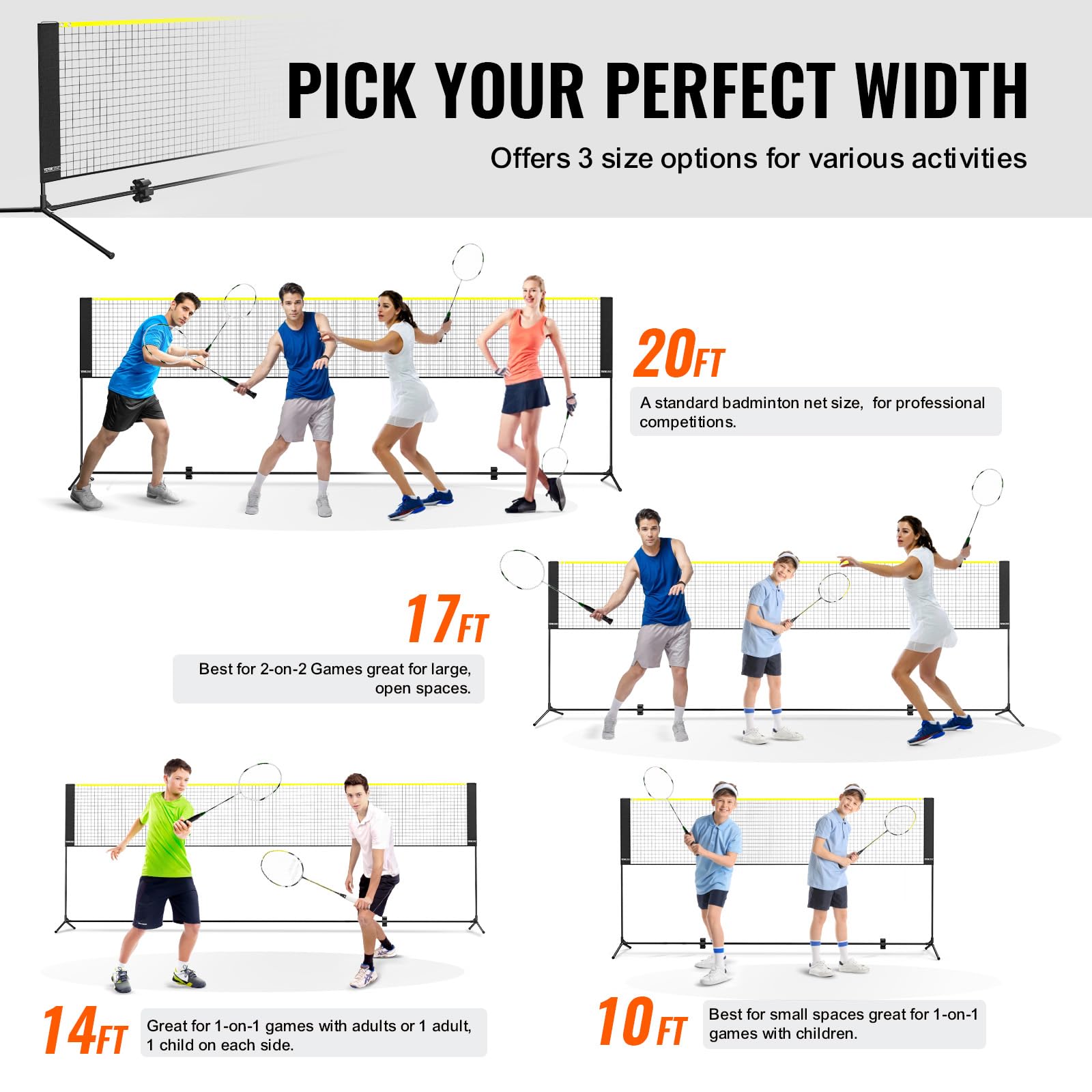 VEVOR Filet de Badminton, 5,1 m, Filet Pliable de Volley-Ball réglable en Hauteur, Filet de Tennis Portable avec poteaux, Support et Sac de Transport, pour Les Jeux intérieur et extérieur de l'enfant