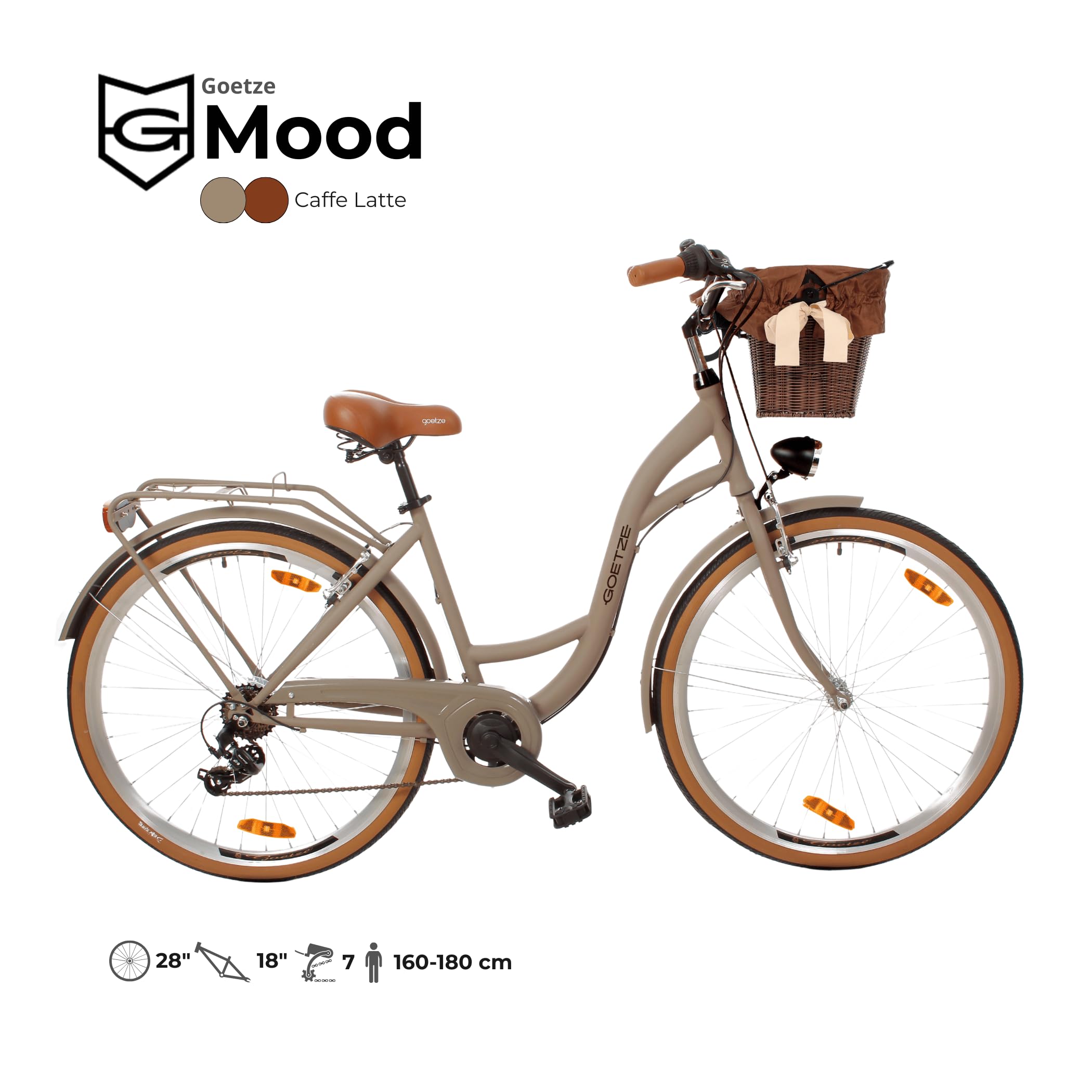 Goetze Mood 28 Zoll Citybike Damen | 18 Zoll Tiefeinsteiger | Shimano Tourney 7-Gang | LED-Beleuchtung | Korb & Gepäckträger | Komfortsattel | City Fahrrad für Alltag & Freizeit