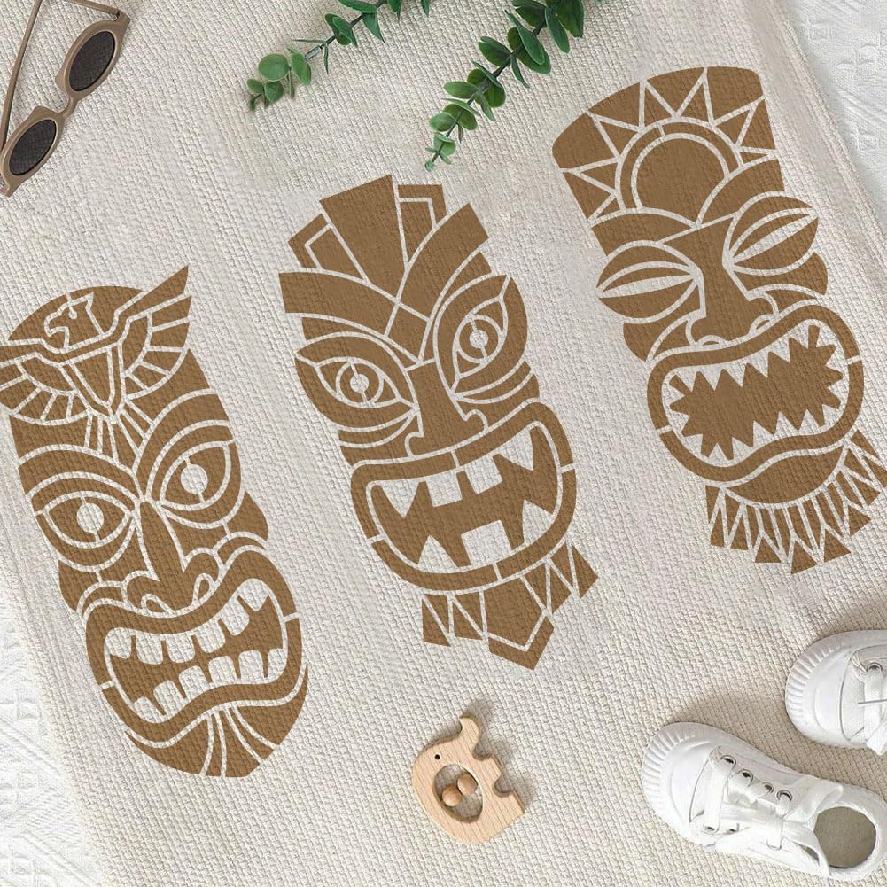 FINGERINSPIRE 18Pcs Tribal Totem Stencils with a Brush 11.8x5.9Inch Totems Face with Open Mouth Stencils Reusable Painting Stencil Tribal Themes PET Template for Wood Floor Tile Wall Fabric DIY