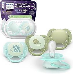 Philips Avent Ultra Soft Day & Night Pacifiers - Orthodontic Design, for Babies 0-6 Months, Glow in the Dark, Symmetrical Silicone Nipple, BPA-free, 2 Sterilizing Cases, 4 Pack, SCF094/09