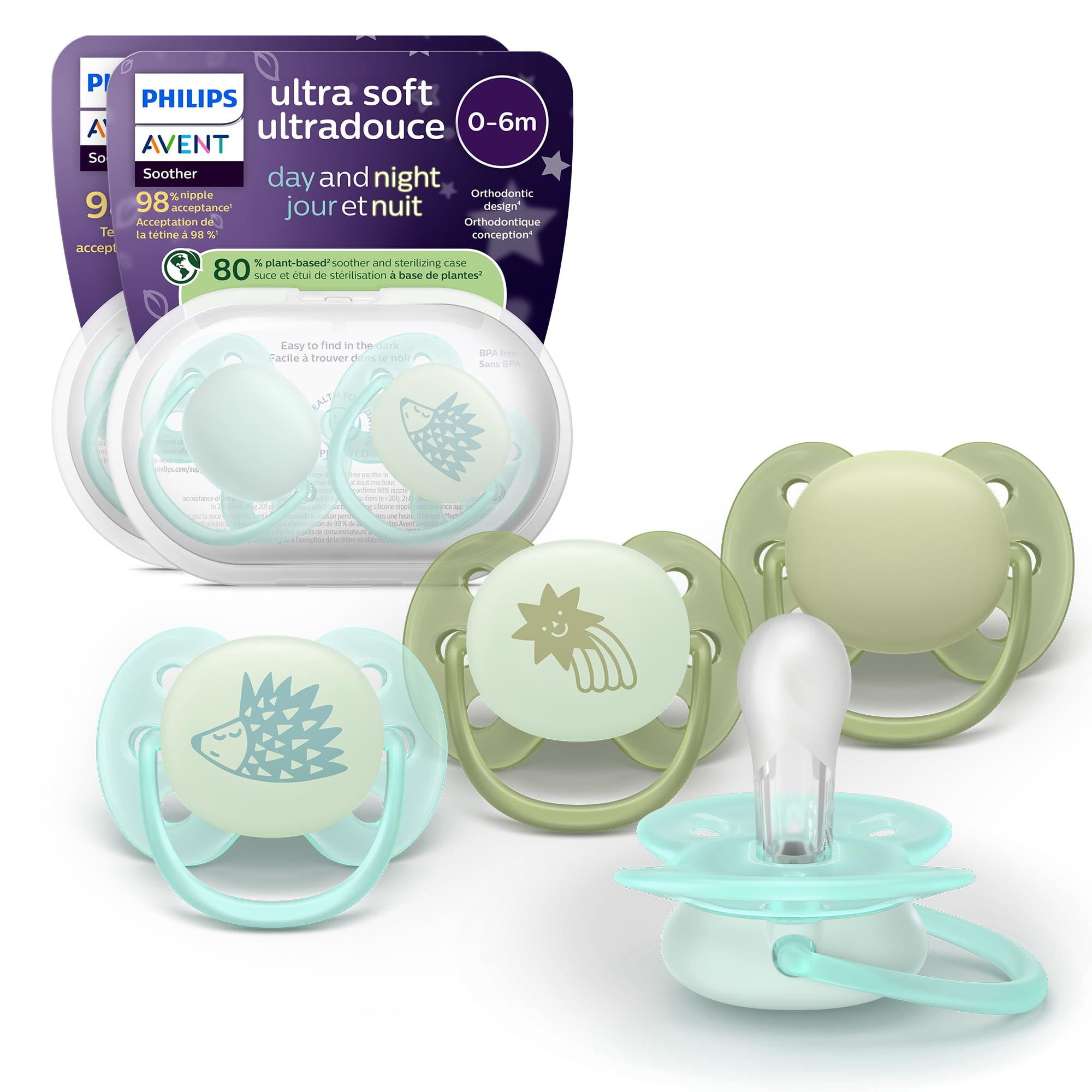 Philips Avent Ultra Soft Day & Night Pacifiers - Orthodontic Design, for Babies 0-6 Months, Glow in the Dark, Symmetrical Silicone Nipple, BPA-free, 2 Sterilizing Cases, 4 Pack, SCF094/09 - 1