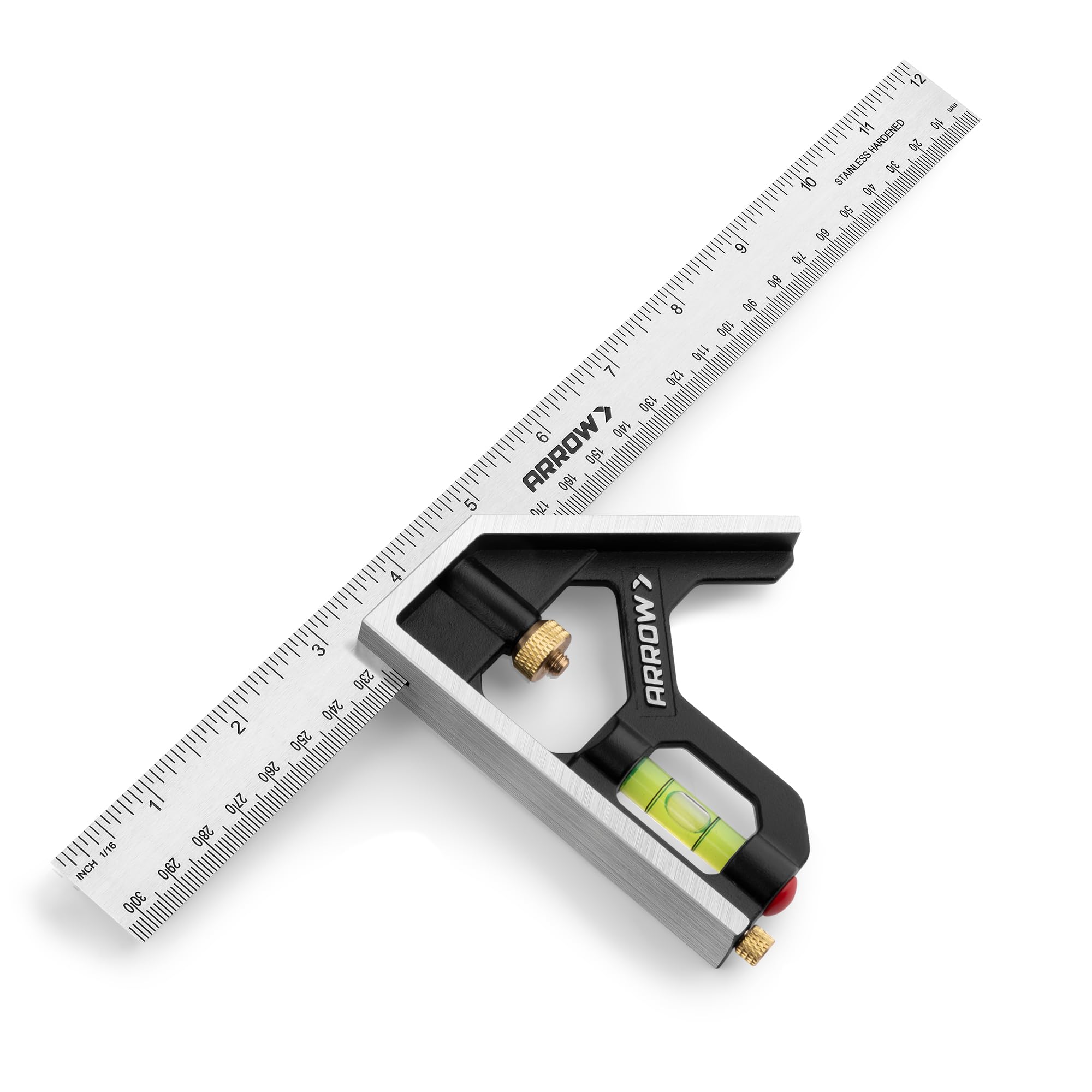 Arrow Combination Square, 12-Inch Combo Square with Stainless Steel Ruler, Zinc Alloy Body and Bubble Level for Carpenters and Craftsmen