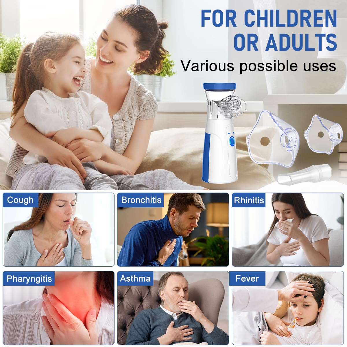 Inhalationsgerät für Erwachsene & Kinder, Tragbarer Wiederaufladbarer Inhalator mit 3 Sprühmodi, Effiziente Zerstäubung Inhalator Vernebler Inhaliergerät Nebulizer für Reise und Zuhause