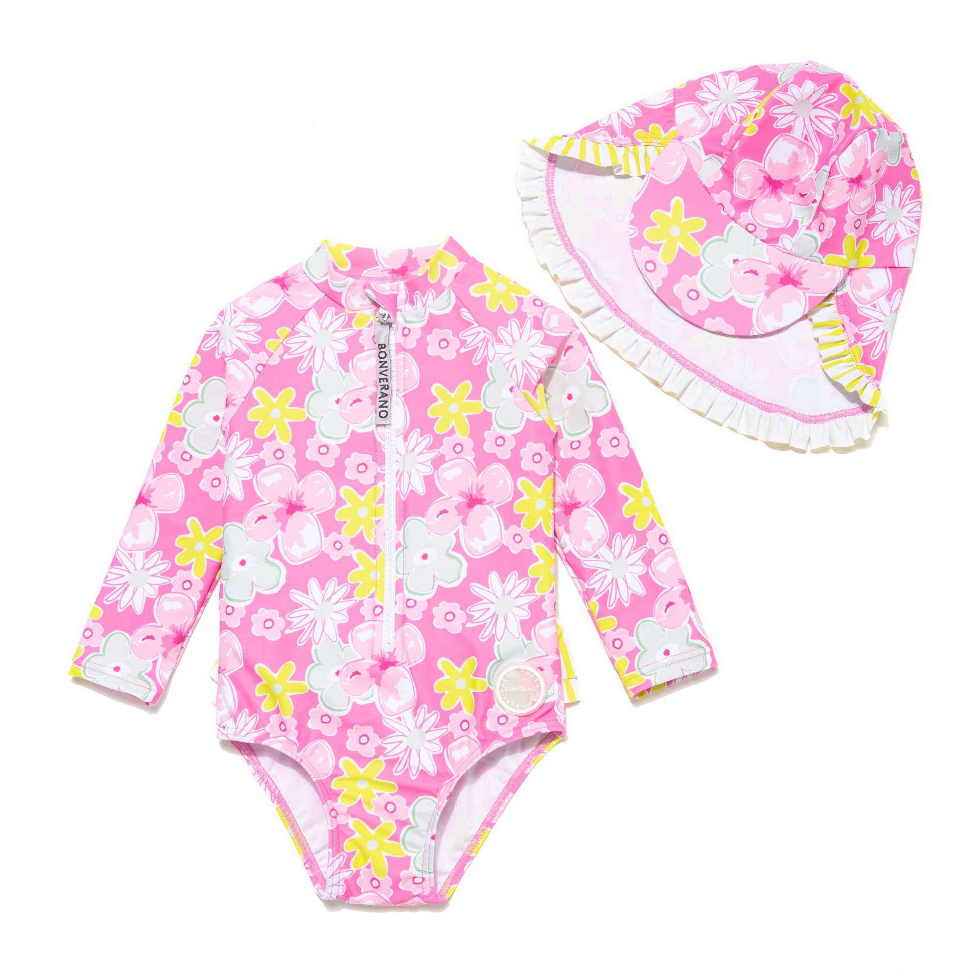 BONVERANO Traje de baño de una Pieza para niña, Mangas largas, protección UV 50+ con Gorra