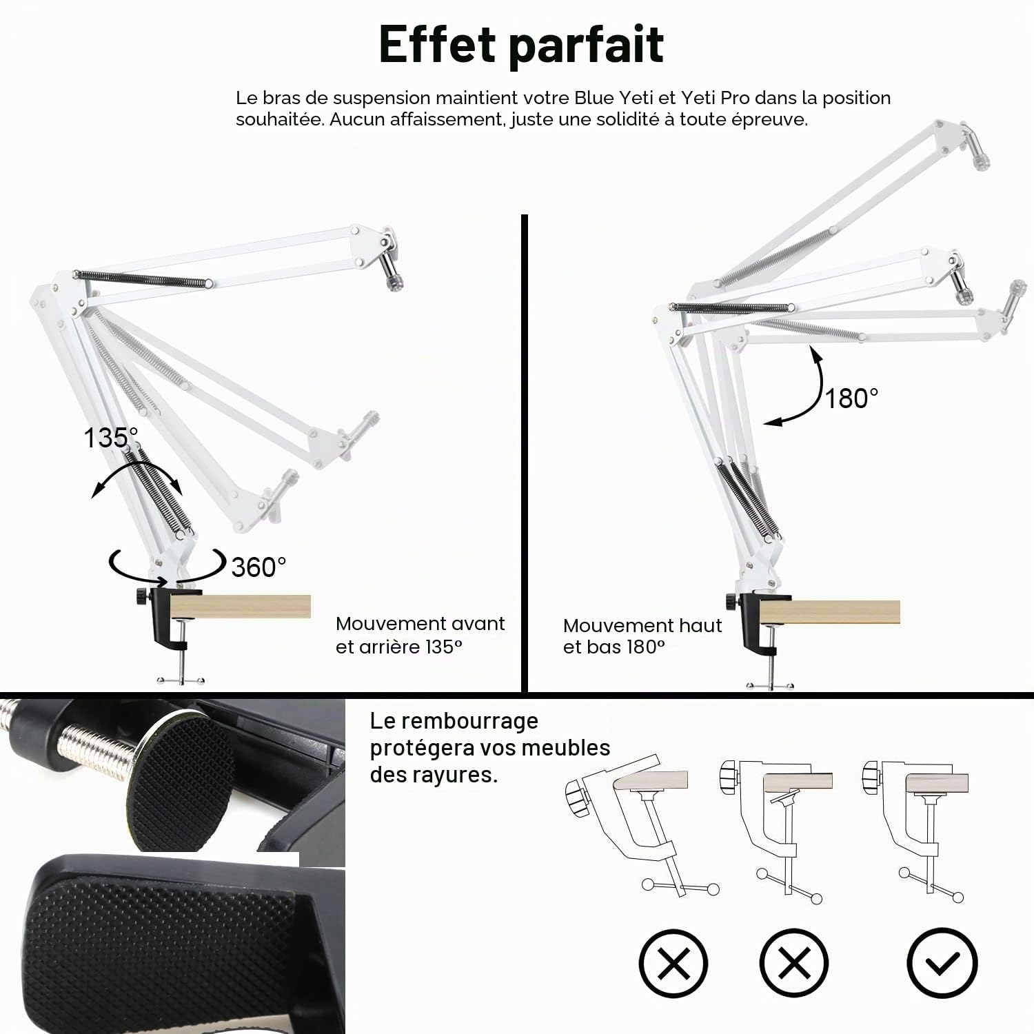 Blue Yeti Arm Support de microphone avec protection contre le vent Compatible avec le microphone Blue Yeti Pro de YOUSHARES (blanc)