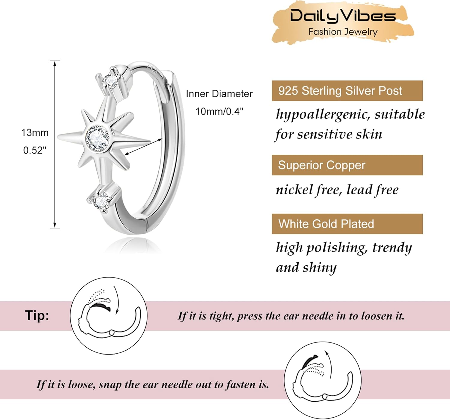 DAILY VIBES Small Star Gold Huggie Earrings for Women 925 Sterling Silver Post Dainty 14K Gold Plated Mini Cubic Zirconia Cartilage Hoop Earrings for Women - Image 5