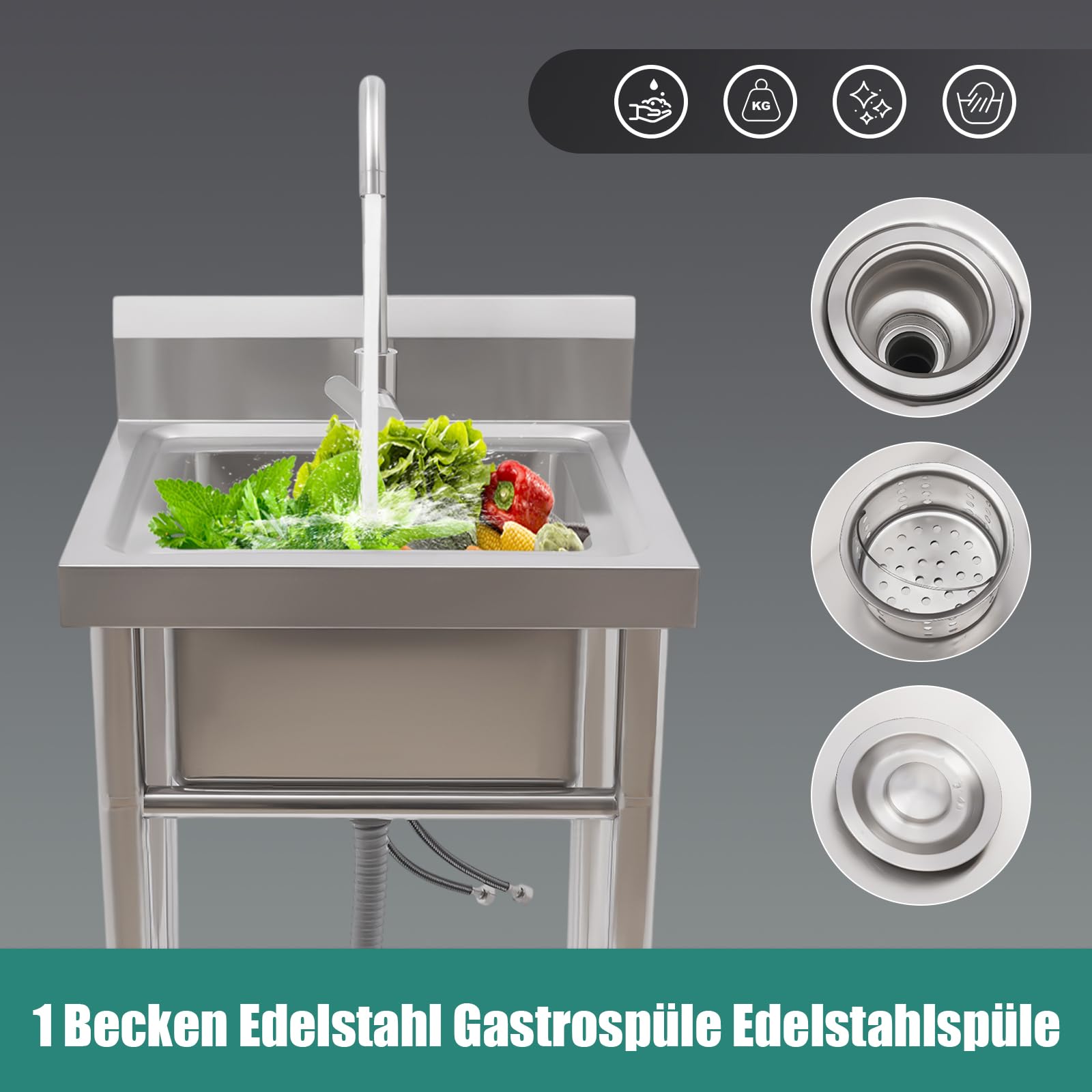 Spülbecken Edelstahl, Küche Spülbecken Organizer Edelstahl Arbeitstisch Küche mit Spüle und Armatur, Spülbecken Mobile für Außen Innen Garten Freistehend 90x50x50cm