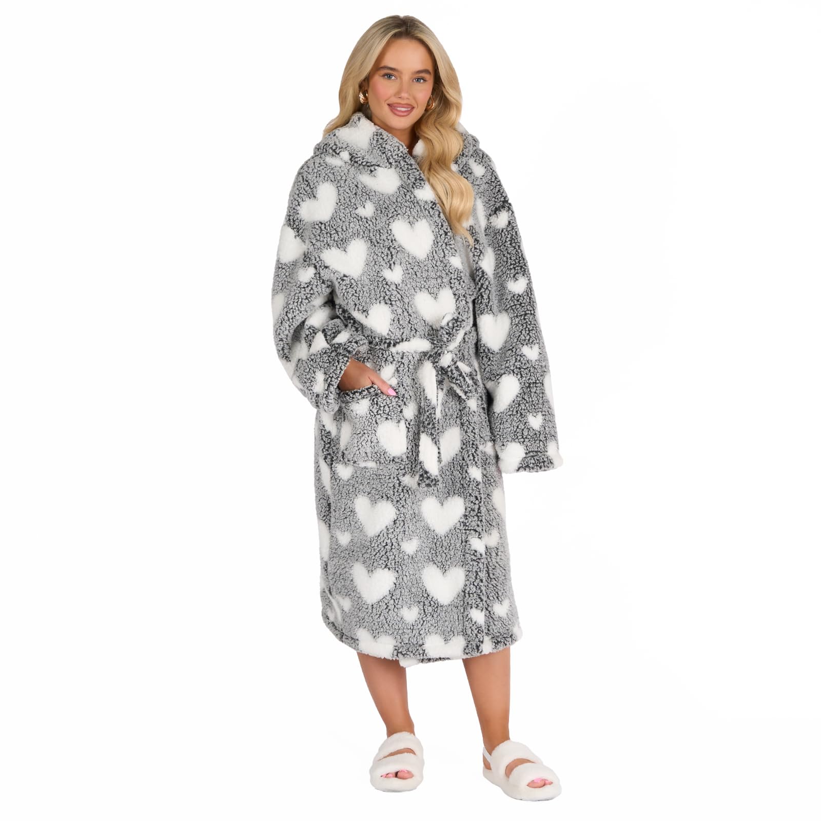 Ohs Women's Black Love Heart Dressings Gowns Teddy Marl, Full Length Dressing Gown With Hood And Pockets Soft Warm Comfy Luxury Oversized Fluffy Bathrobe One Size