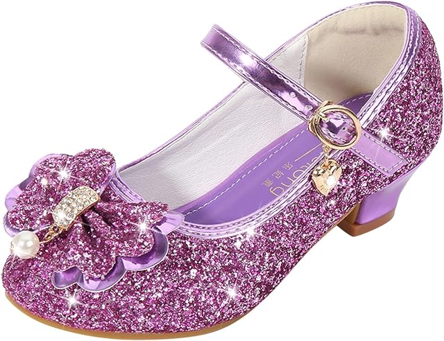 TRHEDL Toddler Little Kid Girls Dress Pumps Glitter Sequins Princess Bowknot Low Heels Party Dance Shoes Rhinestone Sandals Little Girl Slipper Boots Cute (Purple #2, 4.5 Years)