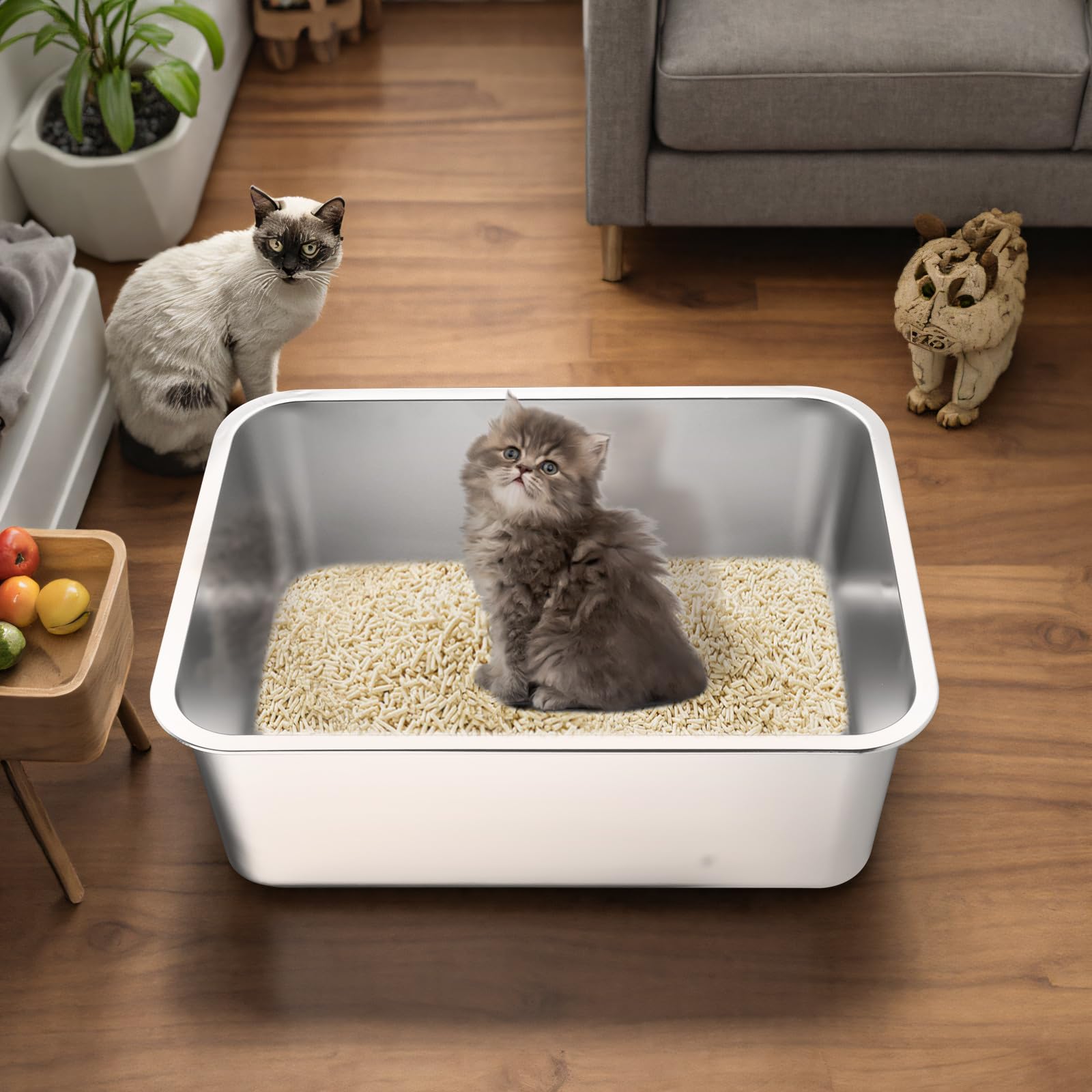 Stainless Steel Cat Litter Box - Large Metal High-Sided Pan for Cats, Pets, Non-Stick, Odor-Free, Easy to Clean, Splash-Proof, Durable (23.6" L x 15.8" W x 8" H) - image 5