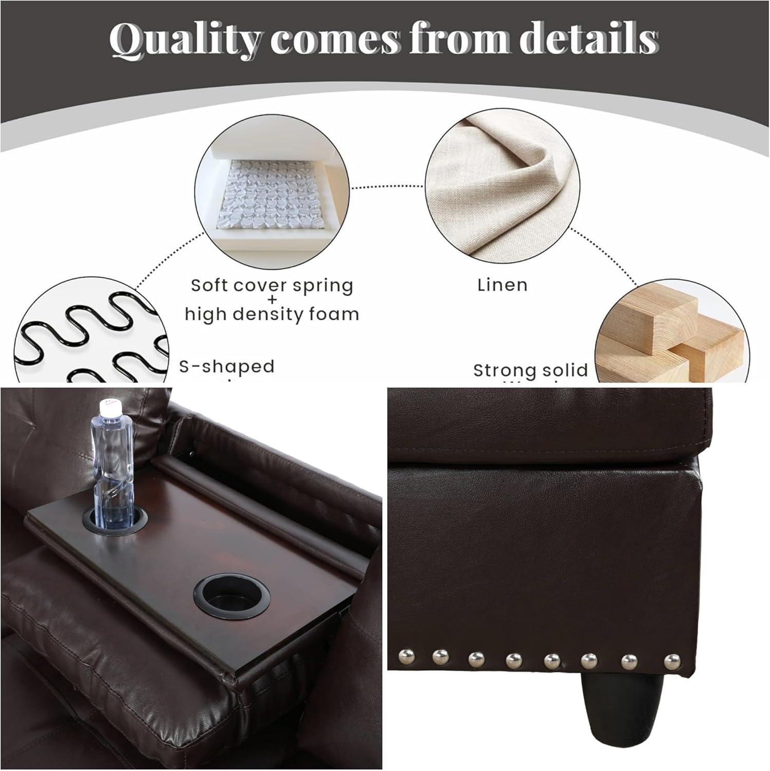 FONTOI Leather Sectional Couch with Otttoman, 97" L Shaped Couch Sectional Sofa for Living Room, Modern Modular Couches with Cup Holders for Bedroom, Apartments, Brown