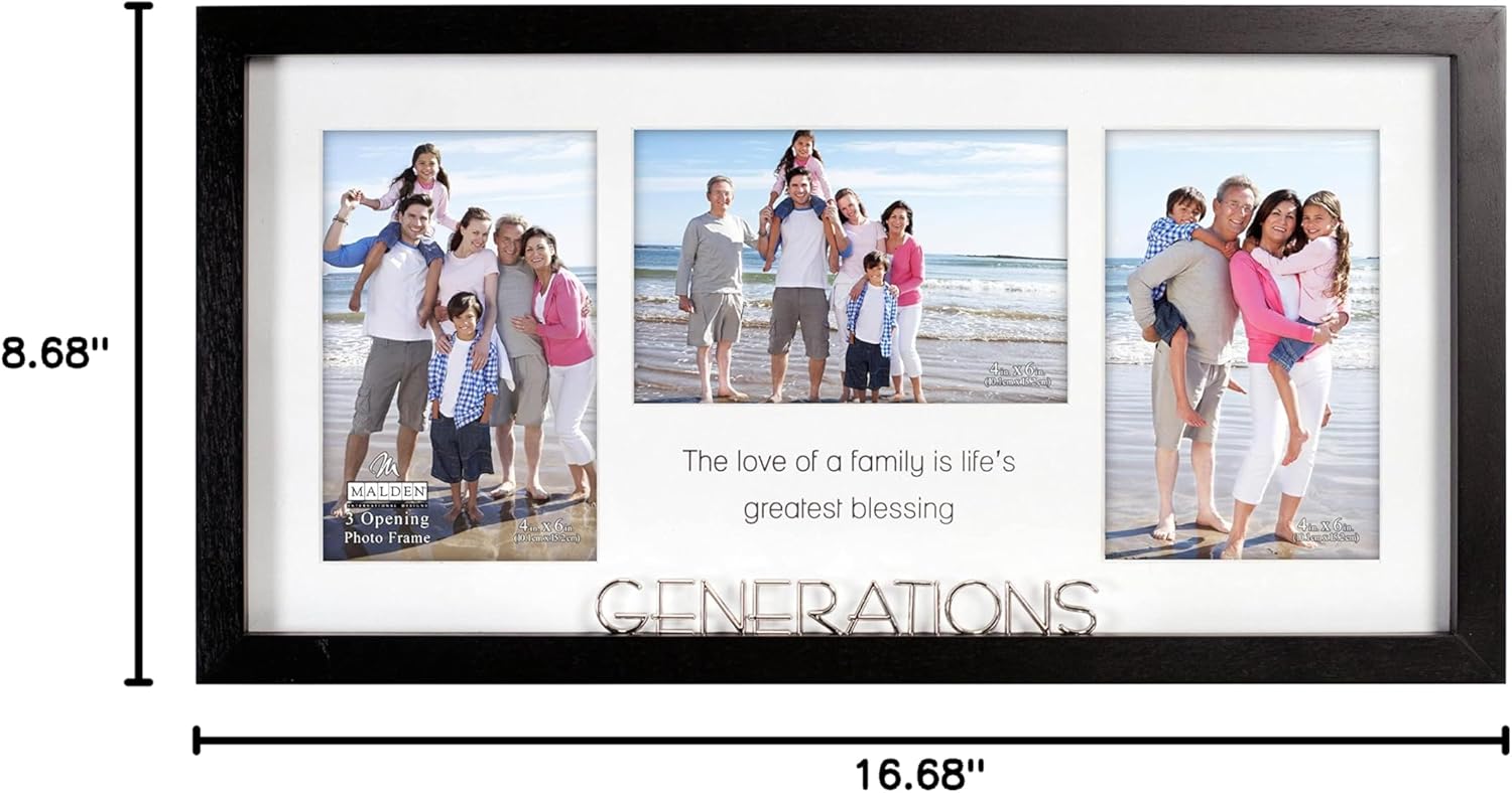 Malden International Designs 3 Opening 4 x 6 inch Matted Generations Collage Wall Picture Frame Matte Quality MDF Wood Black