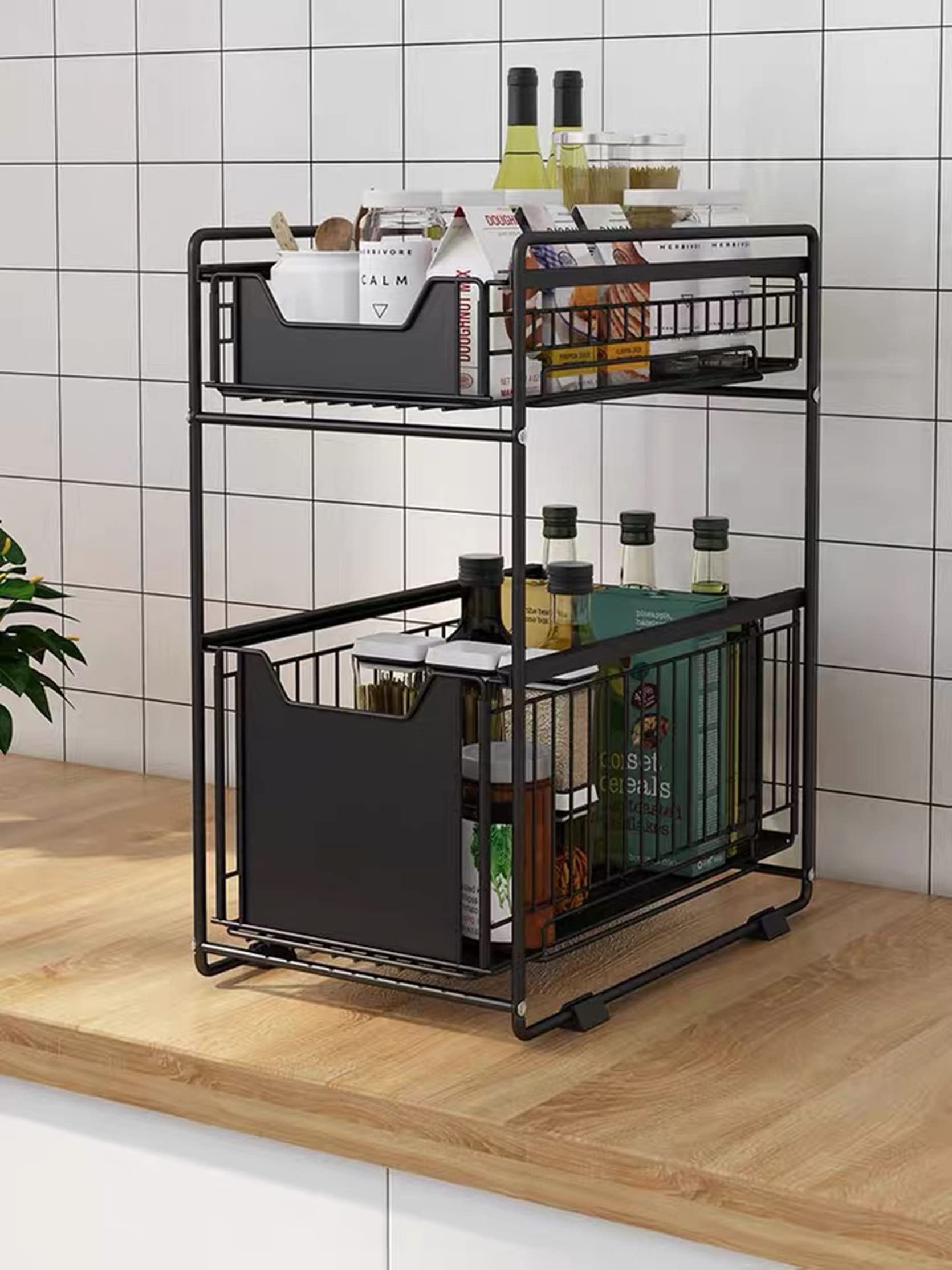 HUOLE Rangement Sous évier à 2 Niveaux,Organiseur de Cuisine, Étagère sous Évier, Porte-épices,Panier de Rangement Coulissant en métal,pour Cuisine, Salle de Bain,Chambre (noir-1PC)