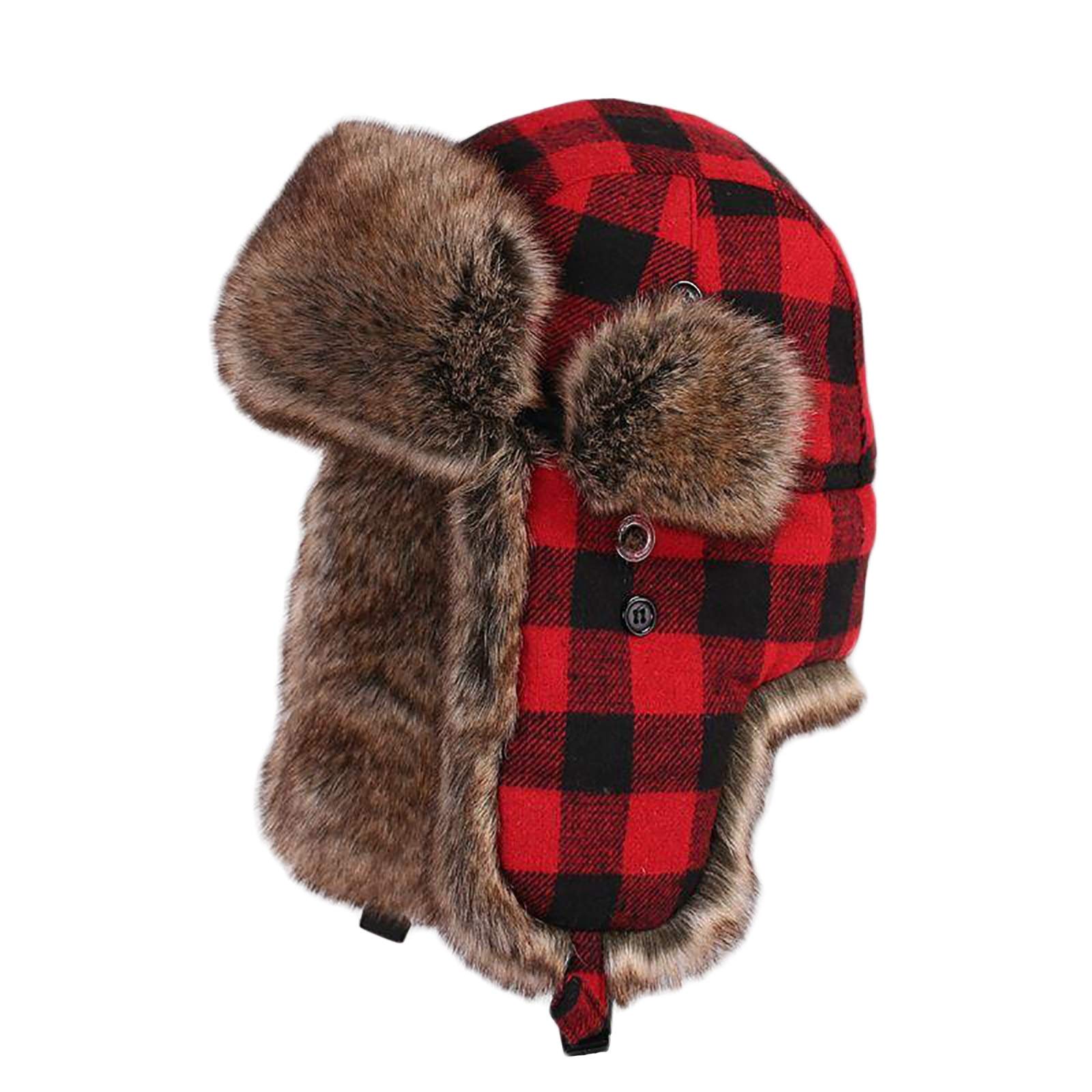 Cappelli Invernali, Cappello Unisex in Lana a Quadri Cappello con paraorecchie in Pelliccia Sintetica Cappello Invernale all'aperto Sci Neve Caldo Spesso Foderato(Red-62cm)