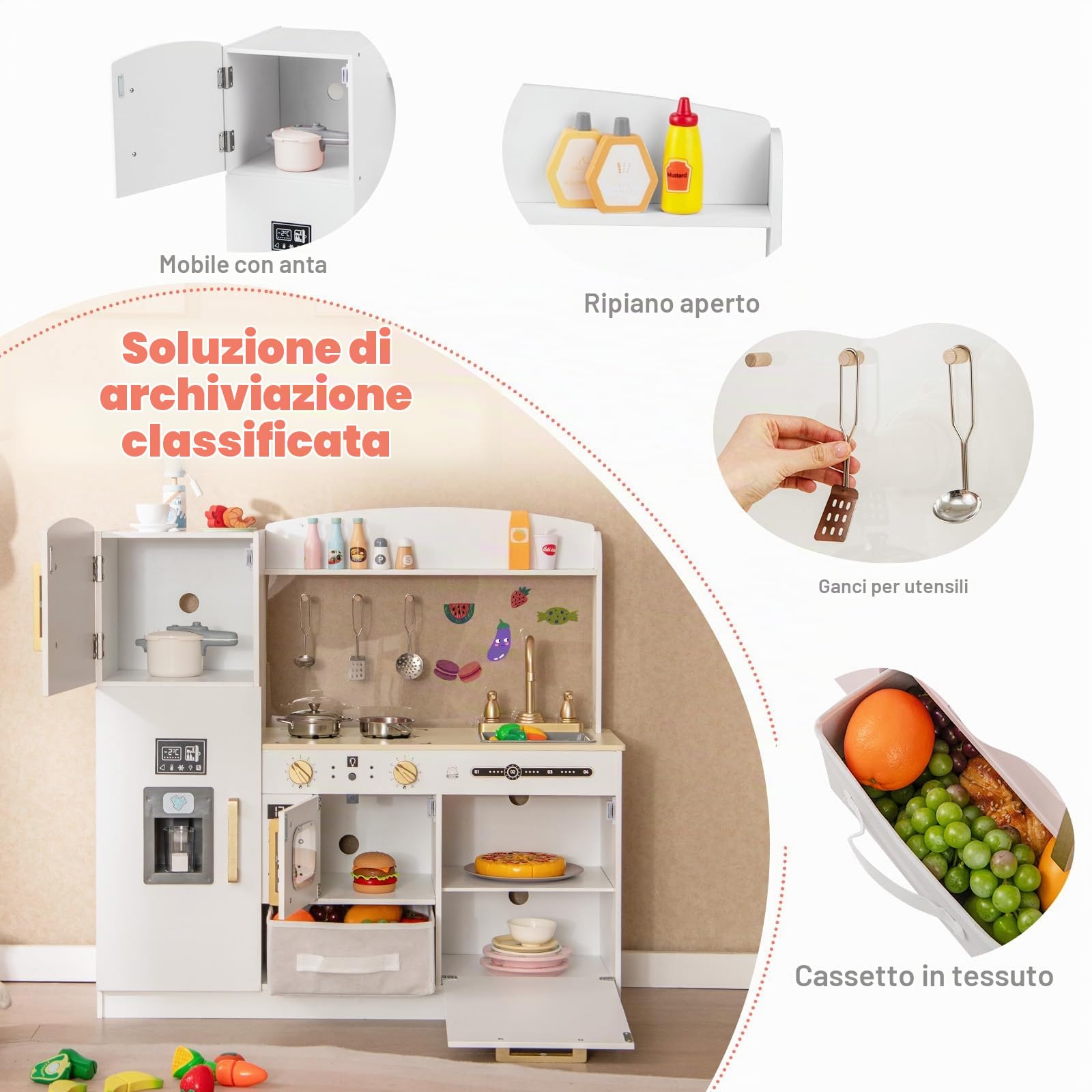 HOMASIS Cucina per Bambini in Legno, Cucina Giocattolo con Microonde Illuminato, Fornello, Forno, Lavandino, Macchina per il Gelato, Lavagna, 8 Accessori e Cestini, per Bambini dai 3 Anni, Bianco