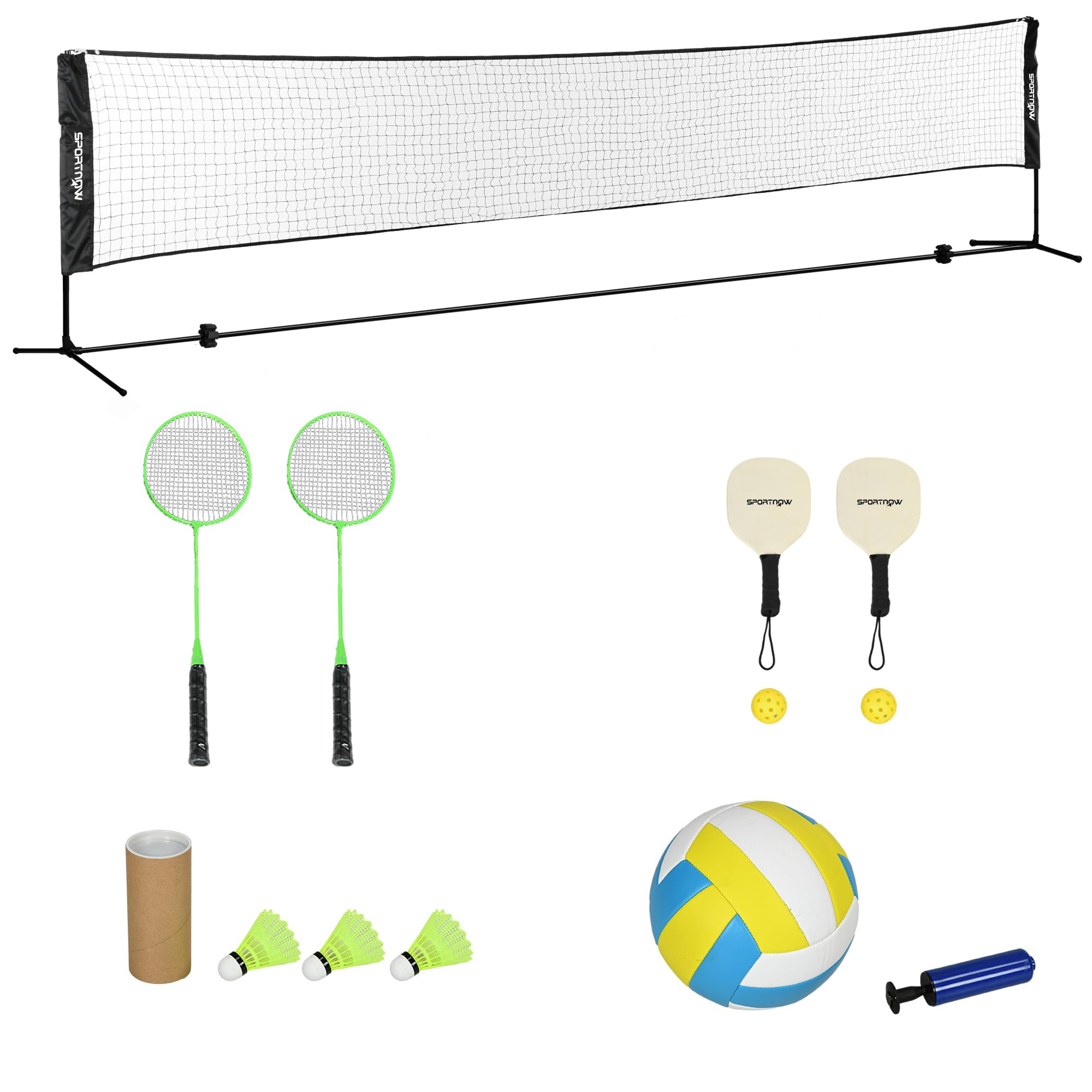 SPORTNOW Juego completo de bádminton, Pickleball y Voleibol, 3 en 1, juegos deportivos al aire libre con red altura ajustable 107-155 cm