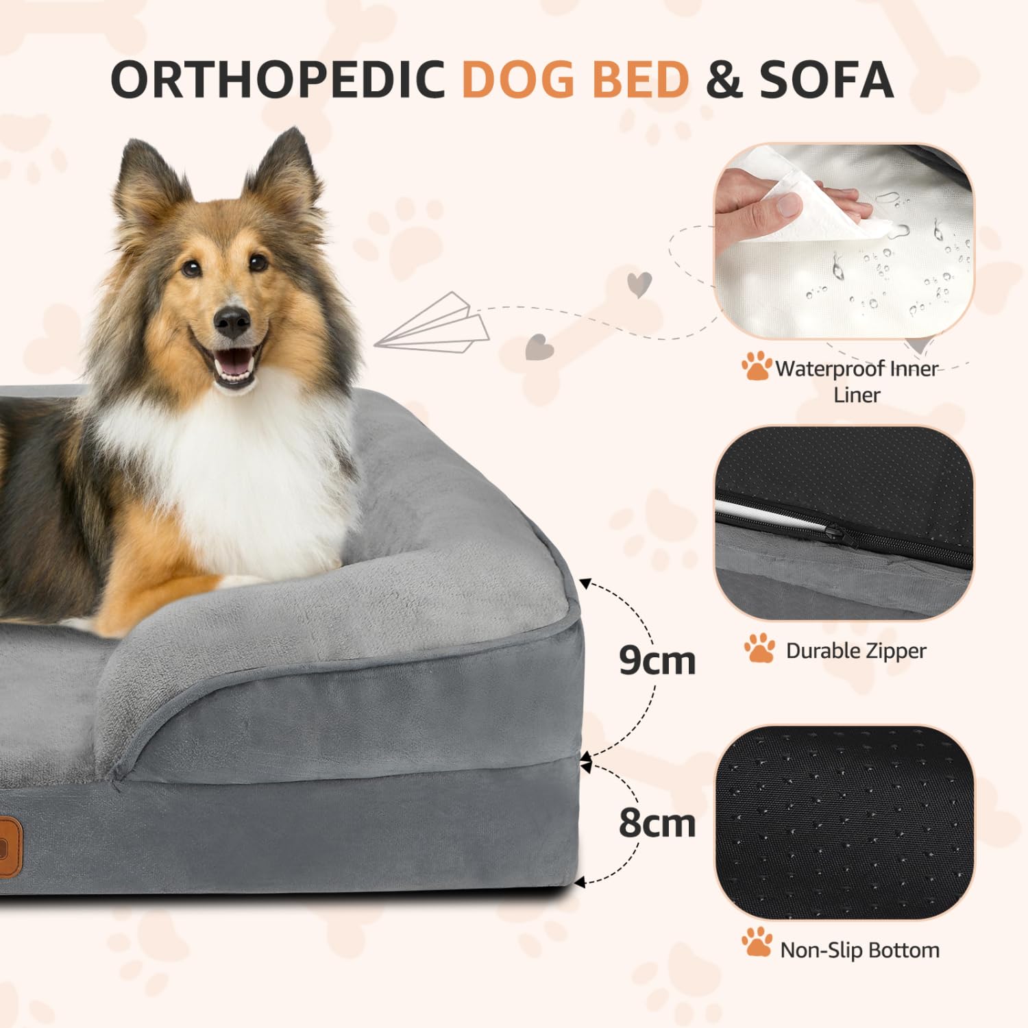 Nobleza Cama Perros Grande, 106x80x17cm, Sofá Perro con Espuma Viscoelástica, Cama Ortopédica Perros Lavable y Impermeable, Colchon Perro Medianos Desenfundable, Gris