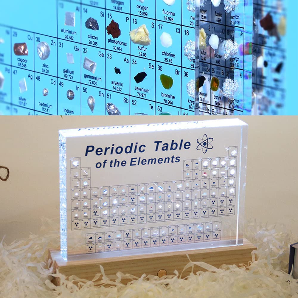 Tabla Periodica Acrilico, con Soporte de Luz LED, Tabla Periódica, Tabla Periodica de los Elementos, Tabla Periodica con Elementos Reales, 83 Elementos, Regalos de Química para Niños y Adultos