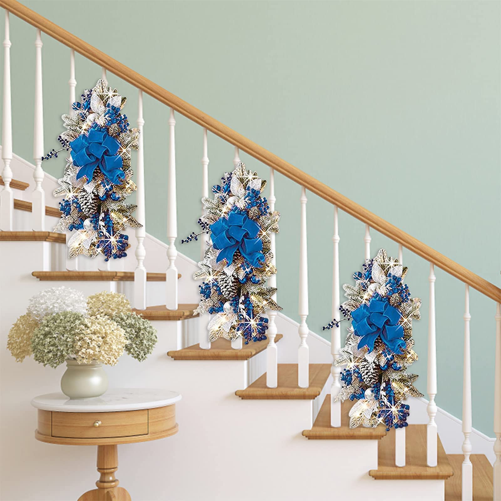 Bfydoaa Blue Pre-Lit Christmas Stairs Swags Teardrop Wreath Spruce Trim Xmas Fusiform Wreath For Holiday Wall Window Door Fireplace