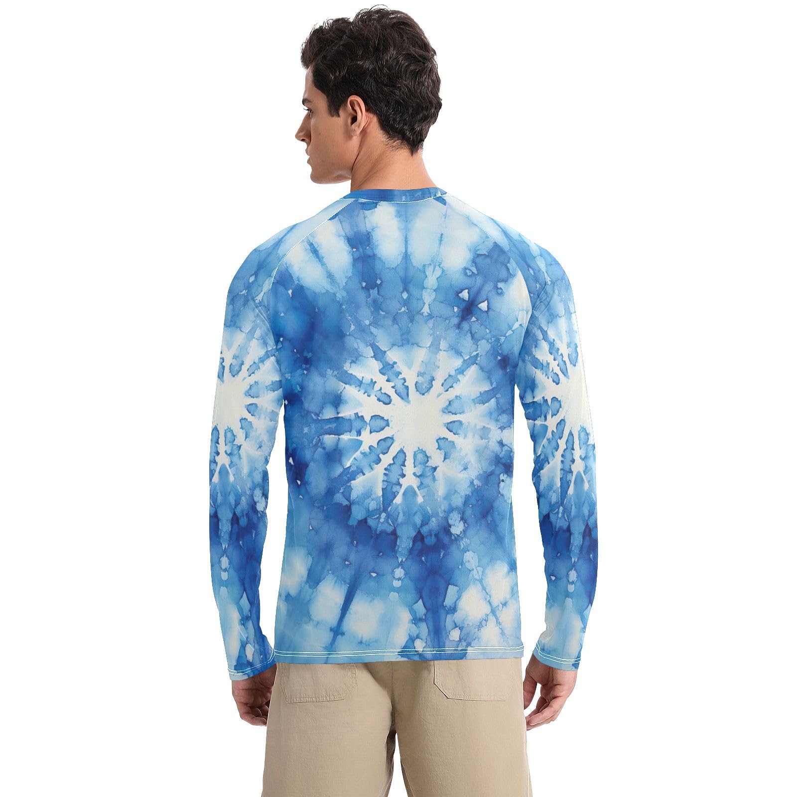 Blue Tie Dye Sun Shirts UPF 50+ Sun Protection Long Sleeve Men Rash Guard Quick Dry Swim Shirts, X-Large
