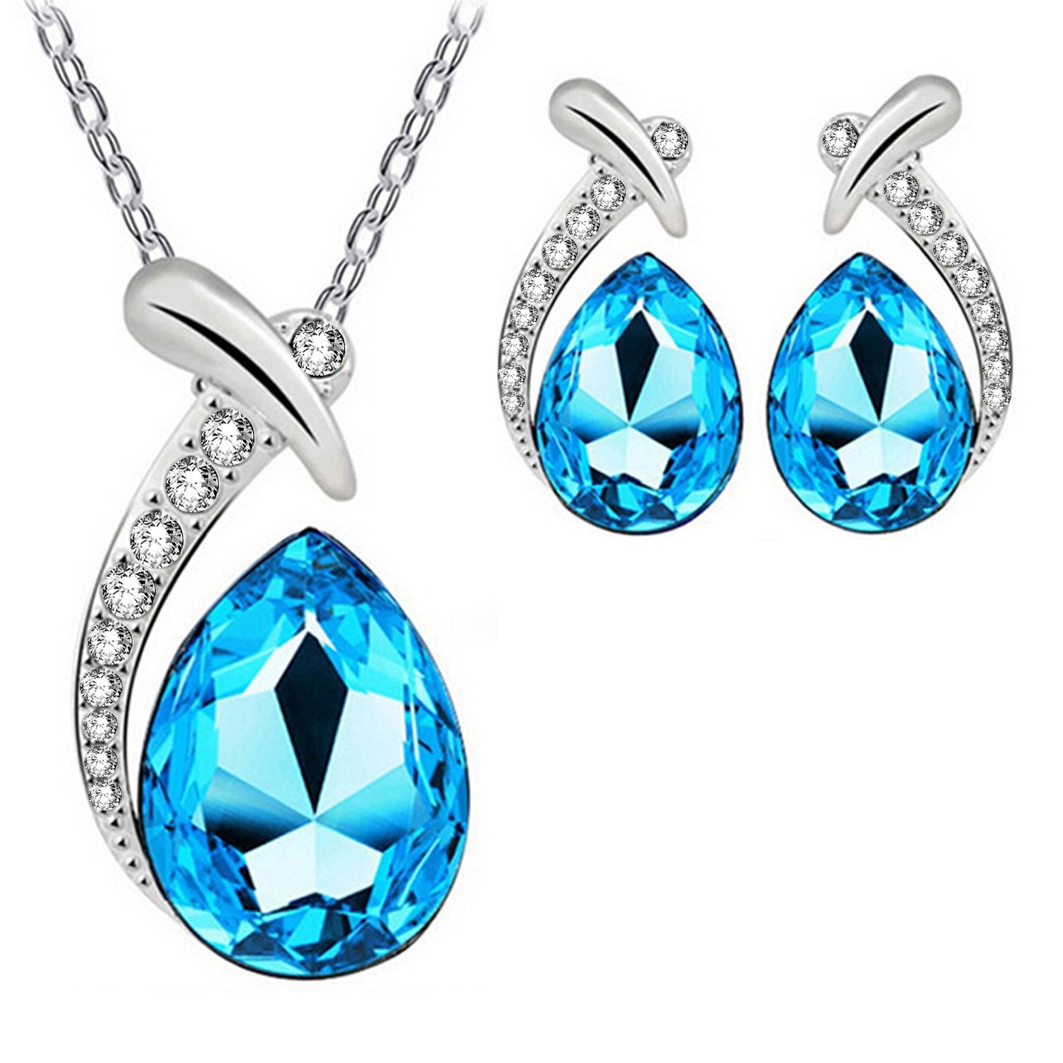 Om Jewells Fashion Jewellery Rhodium Plated Elegant Austrian Crystal Tear Drop Pendant Necklace Set For Girls And Women PS1000726BLU (B07789FHR9) Amazon Price History, Amazon Price Tracker